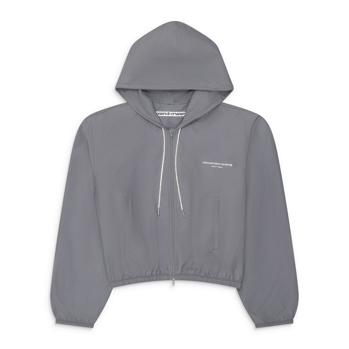 Alexander Wang Shrunken Hoodie Jacket W/ Rhinestone Drawcord Grey