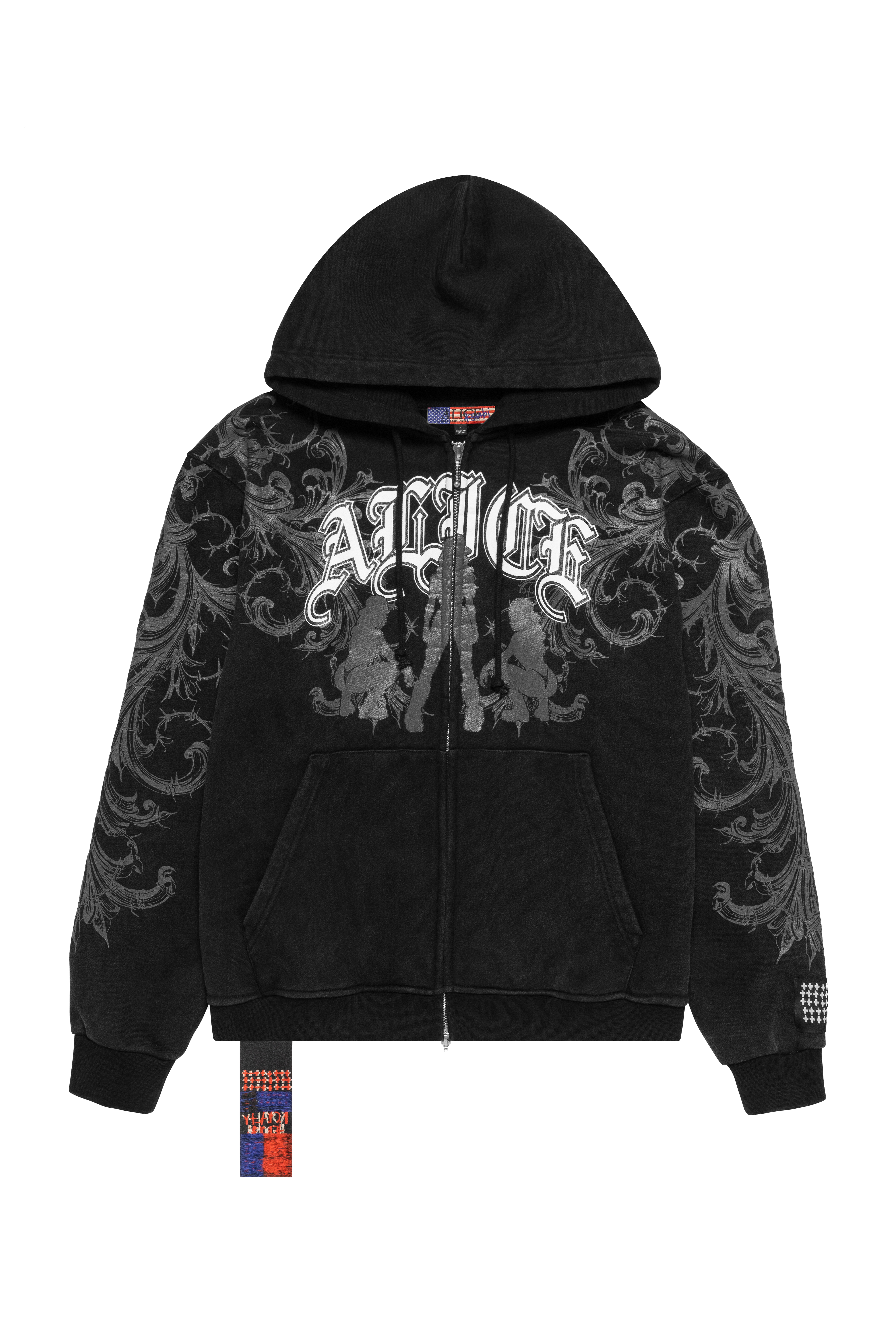 Black hoodie with intricate designs and visible branding