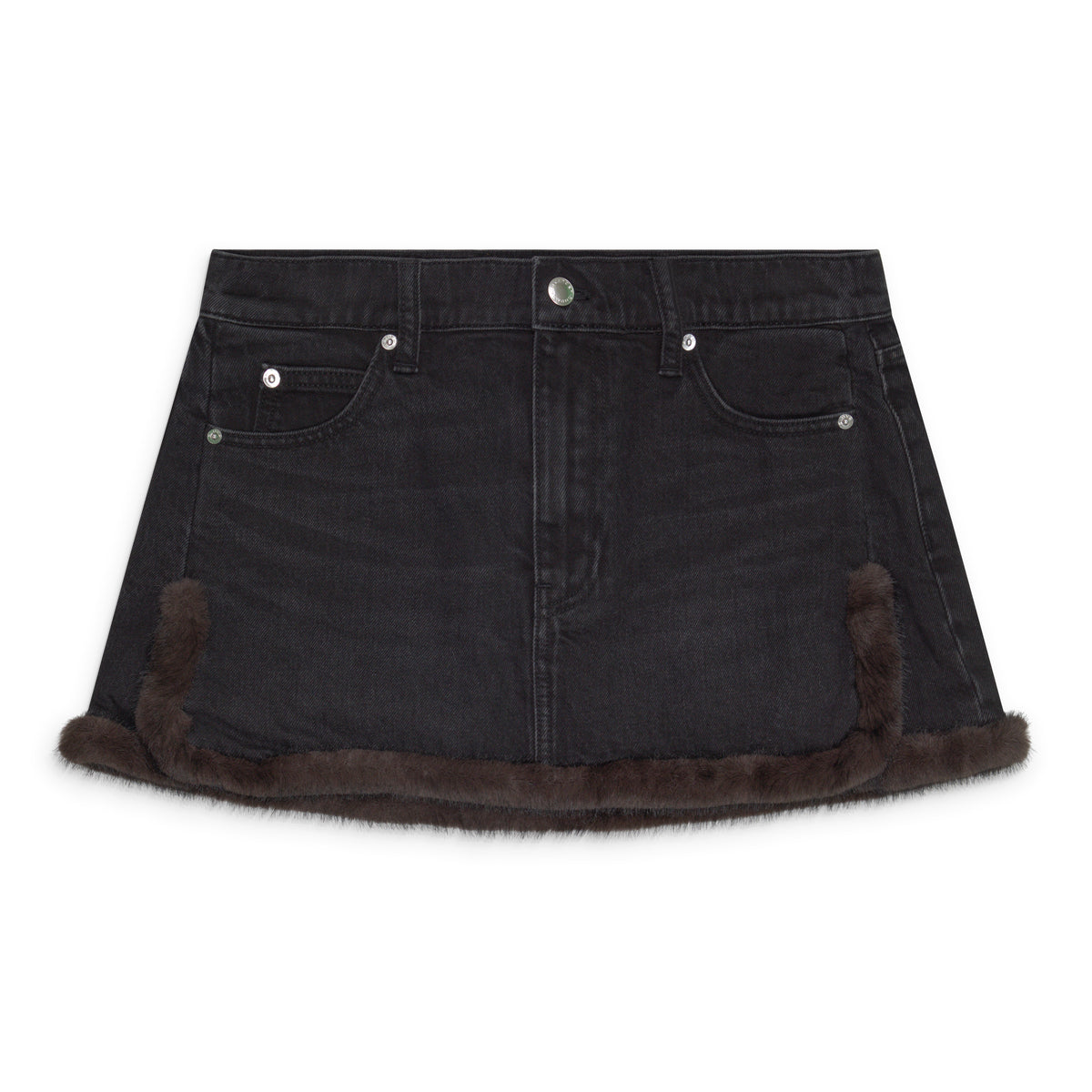 Alexander Wang Denim Mini Skirt W/ Faux Mink Trim Black