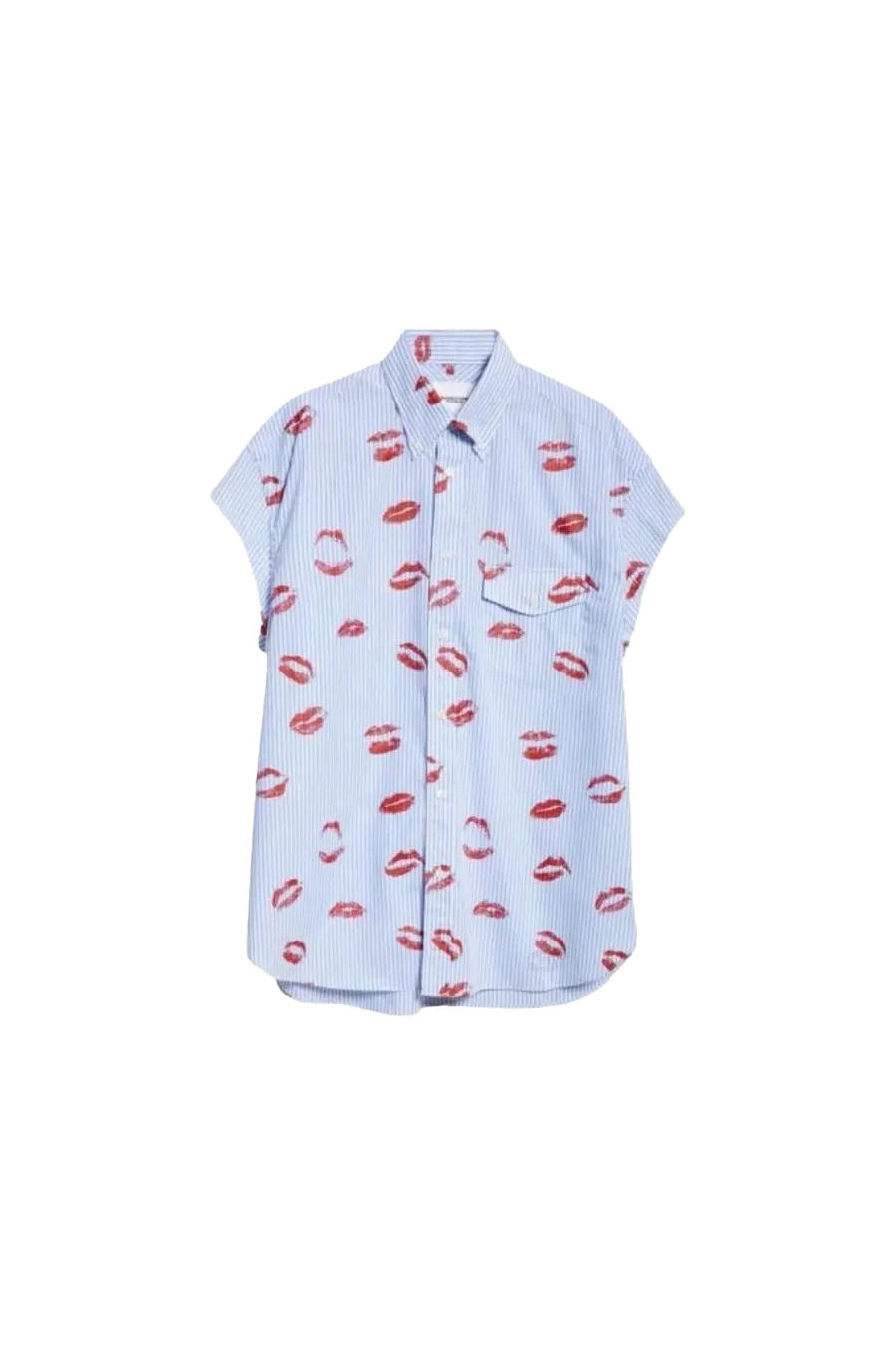 Cut Off Sleeve Button Down Shirt (Lip Patterne) Blue