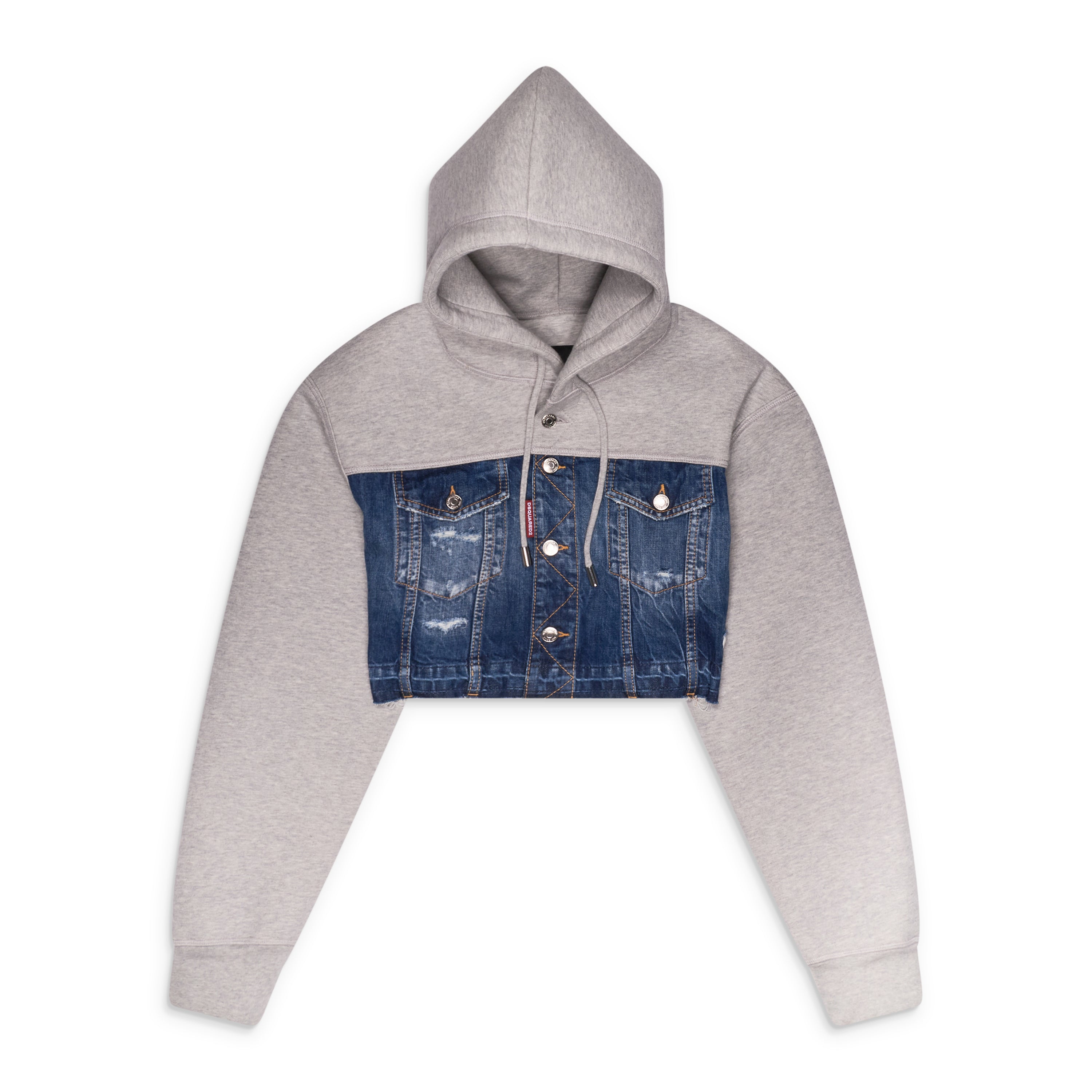 Dsquared2 Denim Mix Hybrid Cropped Hoodie Multicolor