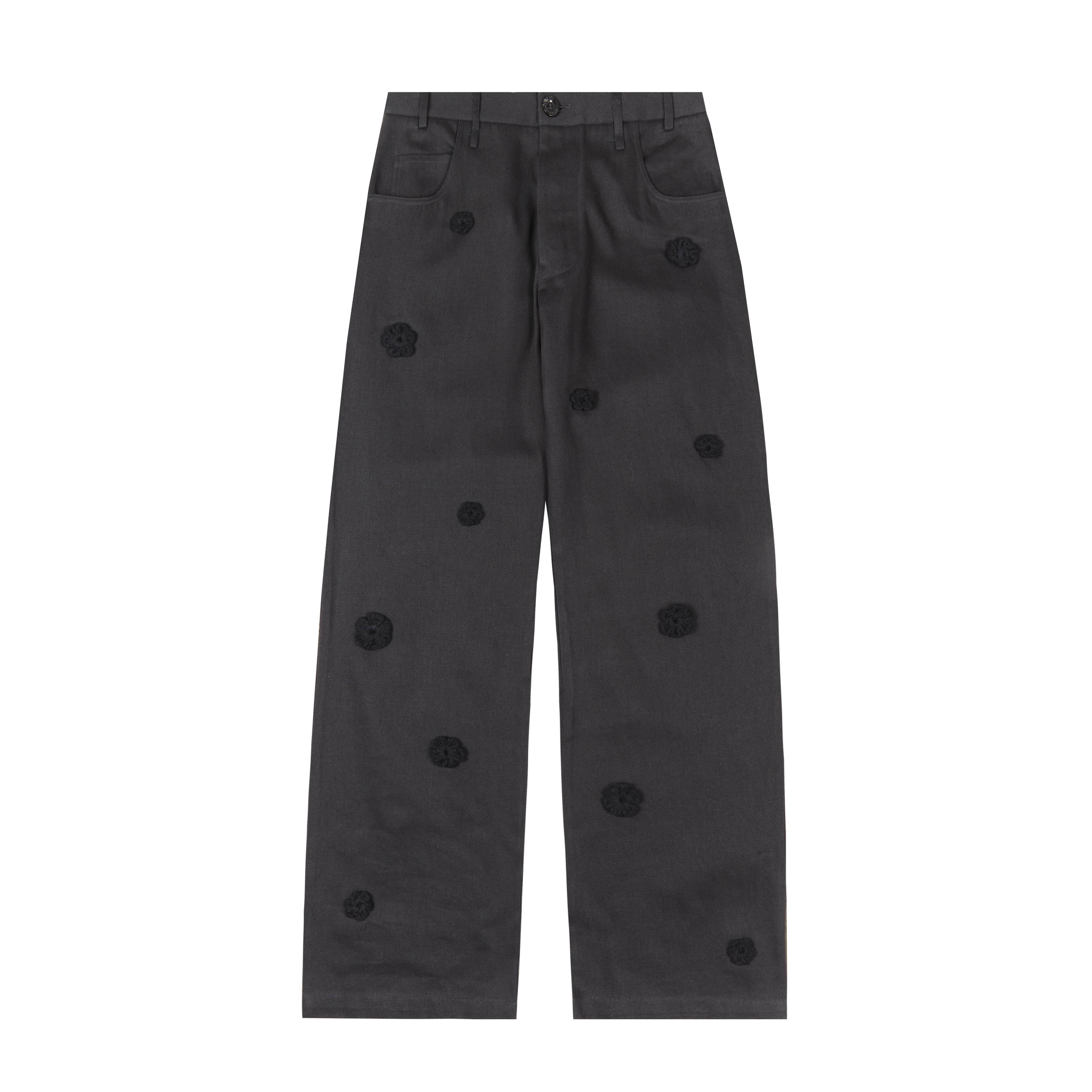 Song For The Mute "Daisy" Long Work Pant With Embroidered Flowers Jeans Black 6090
