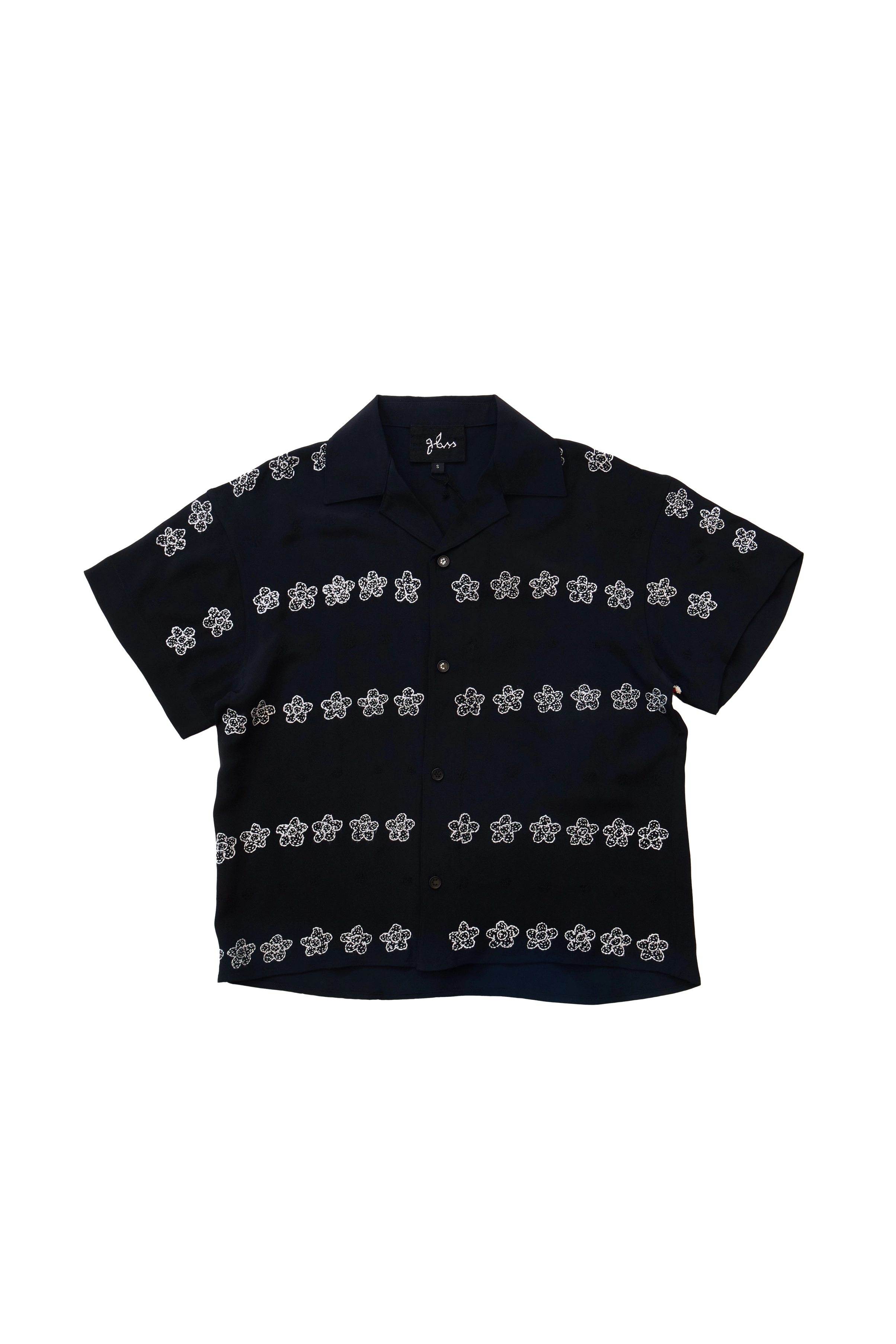 Glass Cypress Black SS Silk Flower Bowling Shirt Black