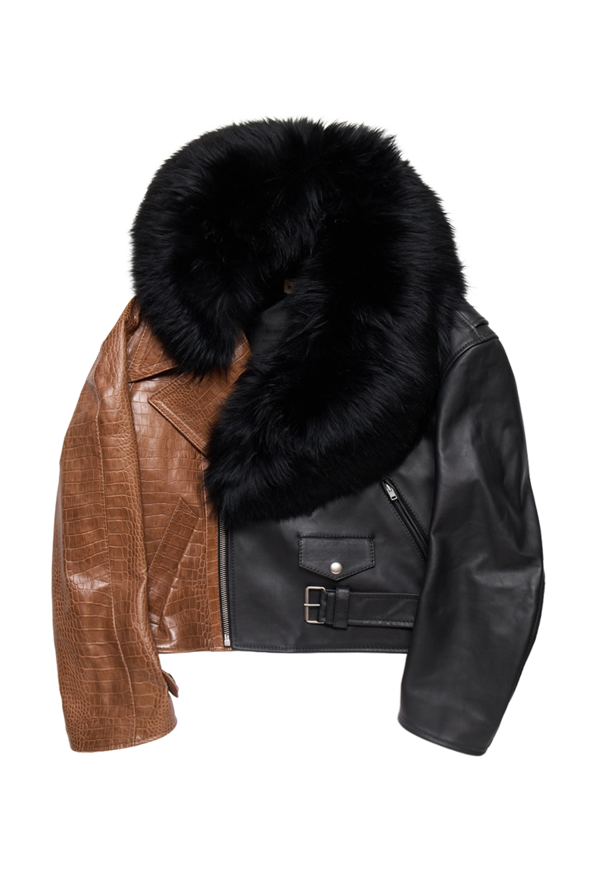 Marni Two Tone Biker Leather Jacket With Fur Collar Black