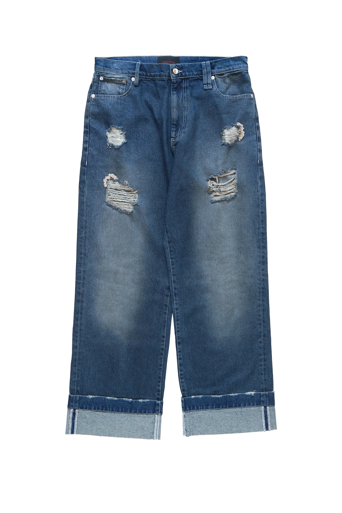 Simone Rocha Distressed Straight Leg Jeans W/ Emb Blue