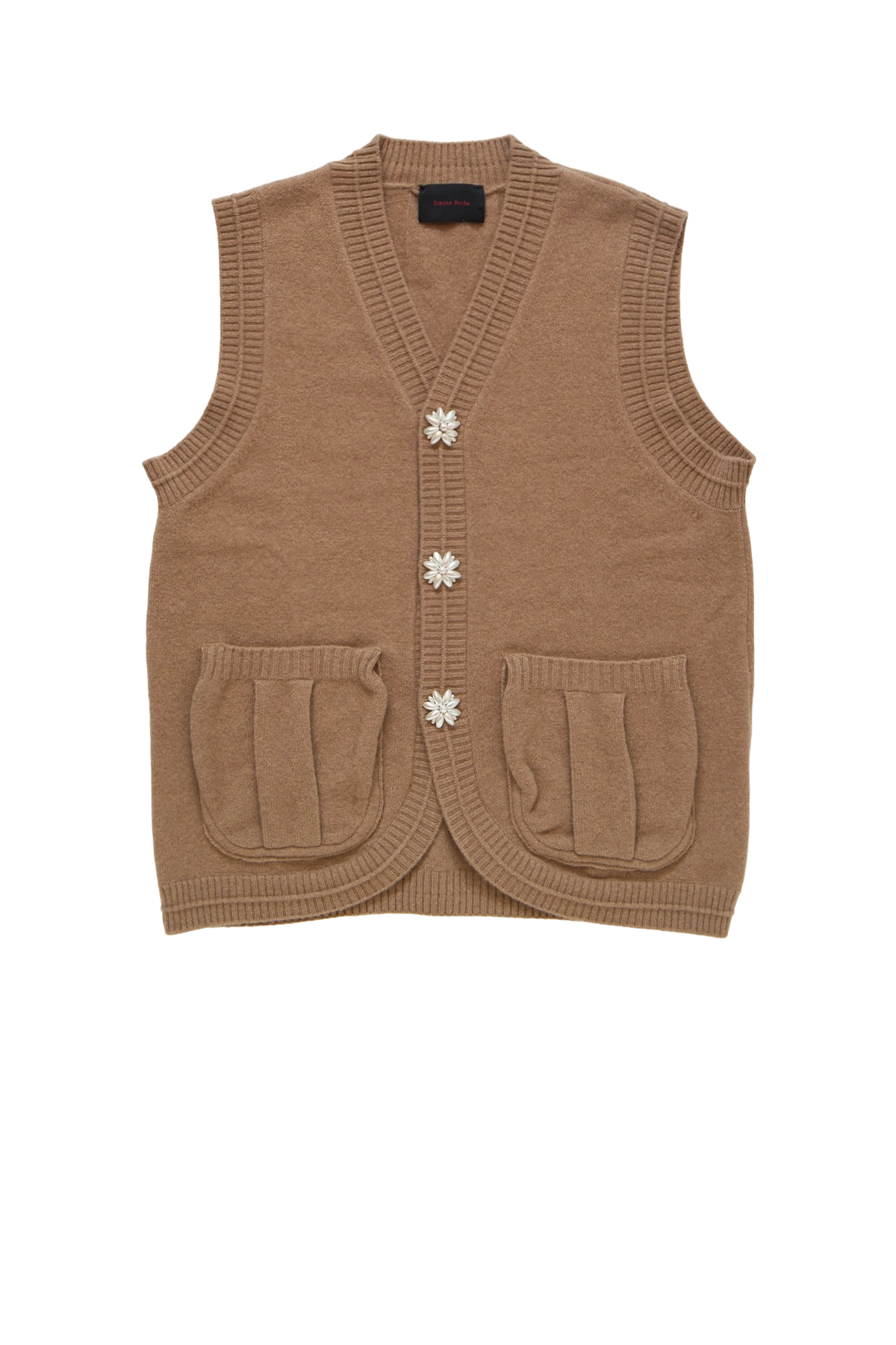 Simone Rocha Knit Vest W/ Pearl Buttons Camel