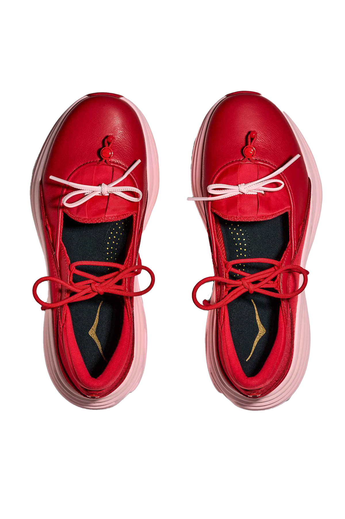Red sneaker with a thick pink sole 
