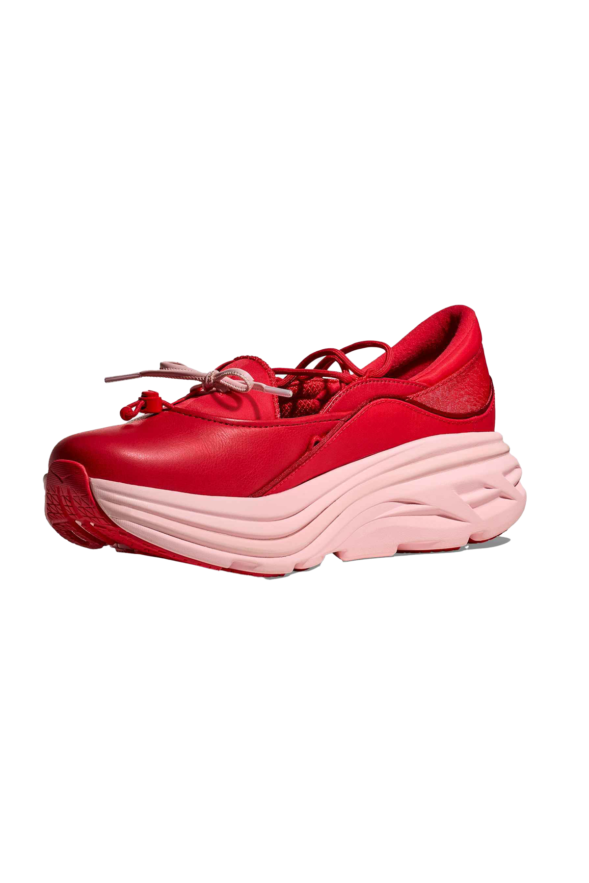 Red sneaker with a thick pink sole 