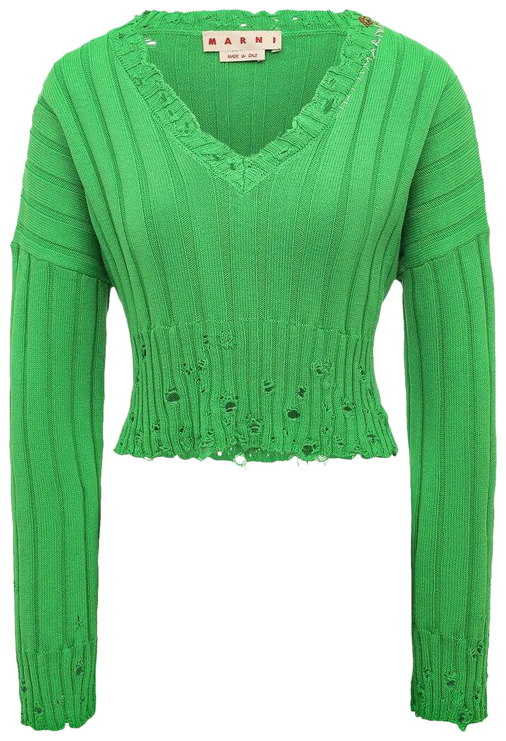 Marni Distressed Rib Cotton V Neck Rib Sweater Sweaters Green