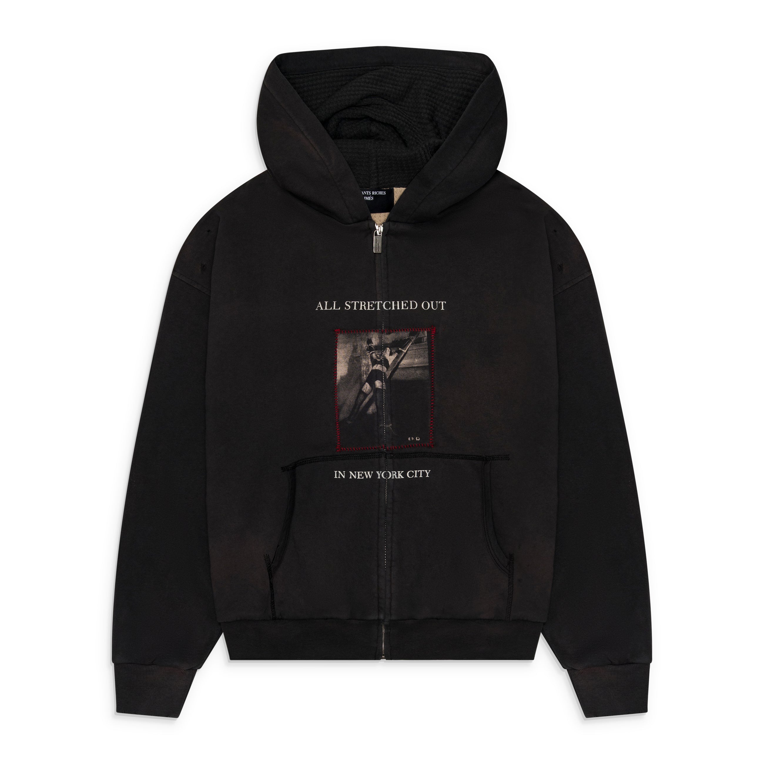 Enfants Riches Deprimes Stretched Out Thermal Lined Lined Zip Up Hoodie Washed Black