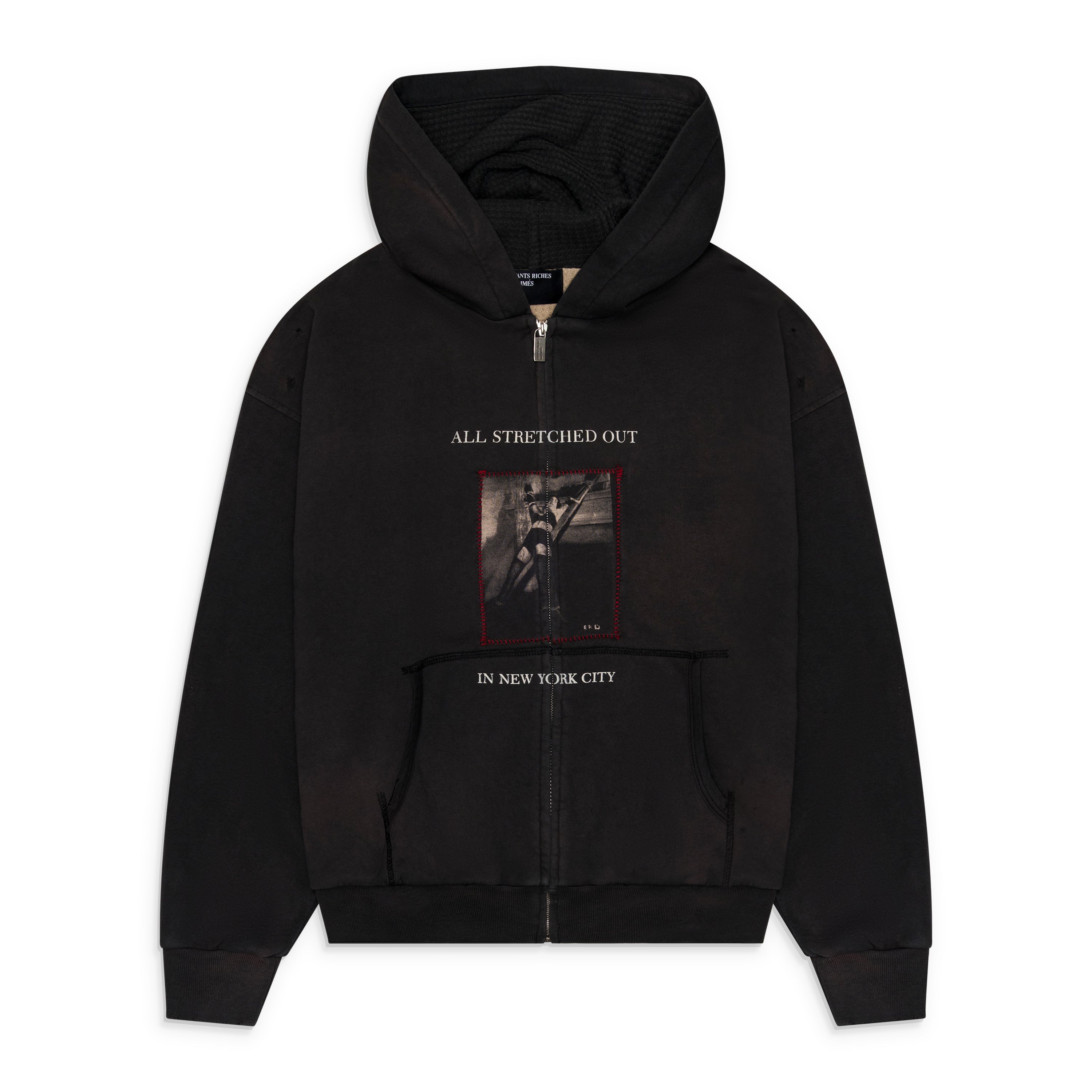 Enfants Riches Deprimes Stretched Out Thermal Lined Lined Zip Up Hoodie Washed Black