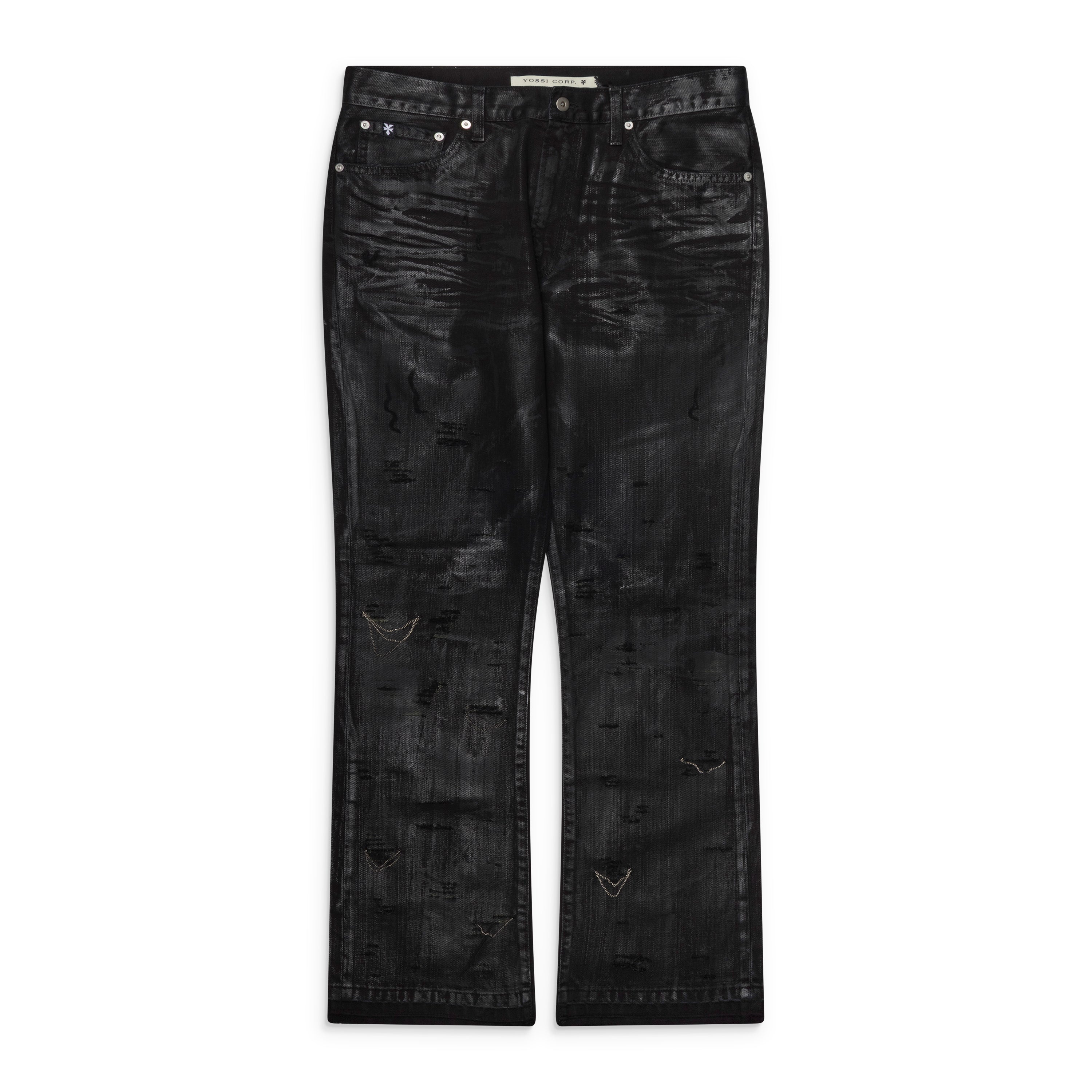 YOSSI CORP Black Morrison Enamel Wax Flare Denim