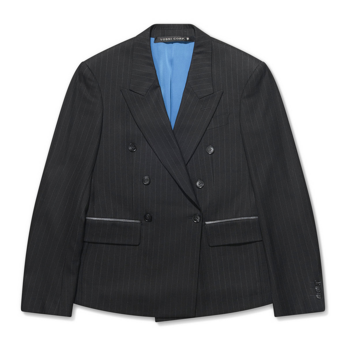YOSSI CORP Pinstripe Double Breasted Blazer Black