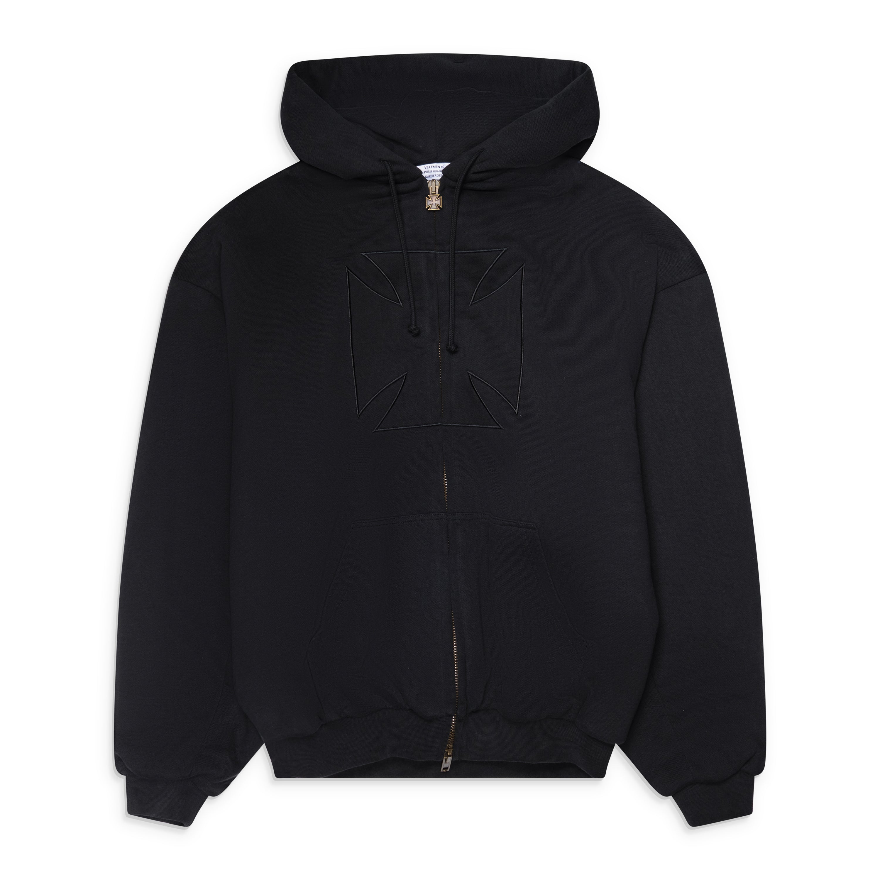 Vetements Embroidered Cross Padded Zip-Up Hoodie Black