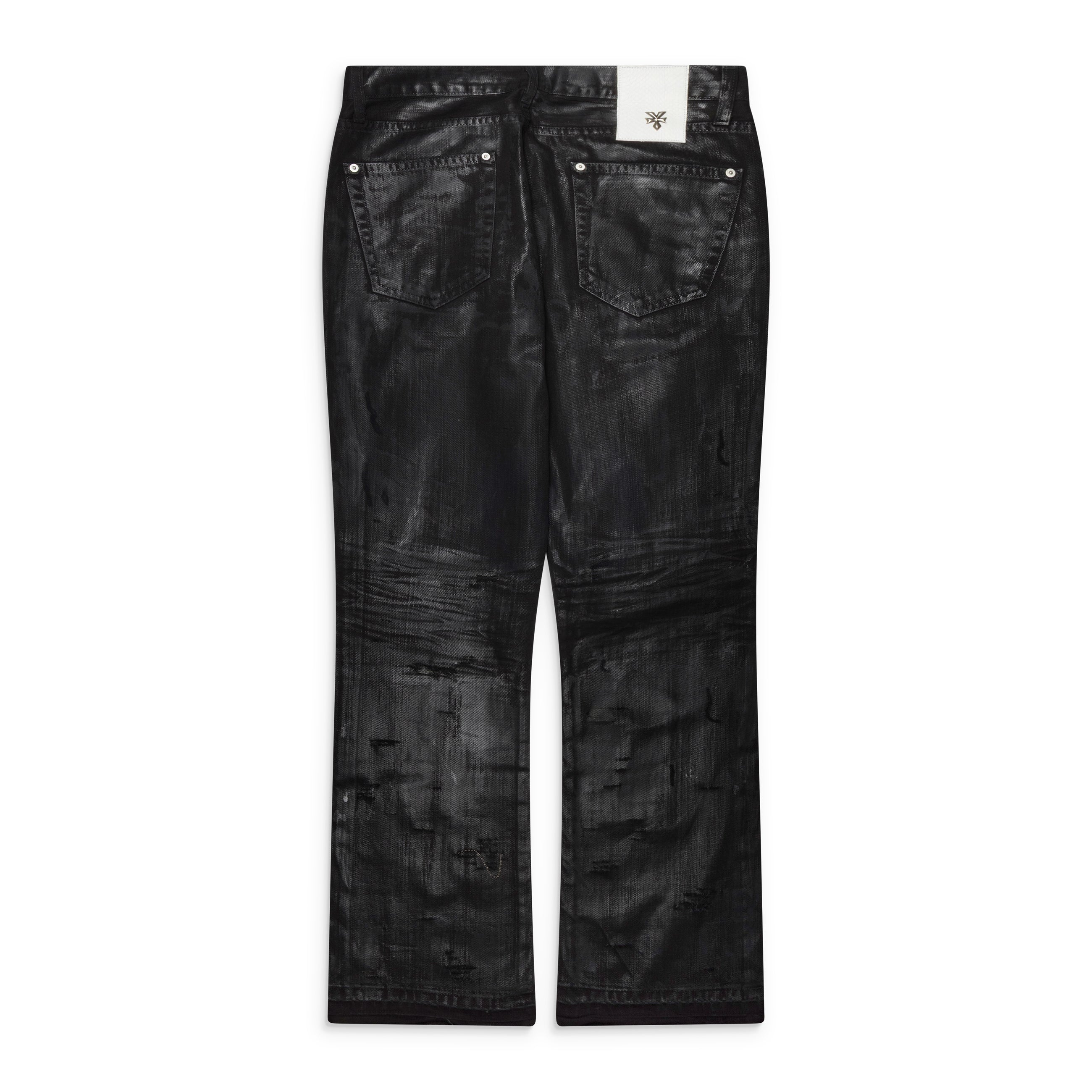 YOSSI CORP Black Morrison Enamel Wax Flare Denim