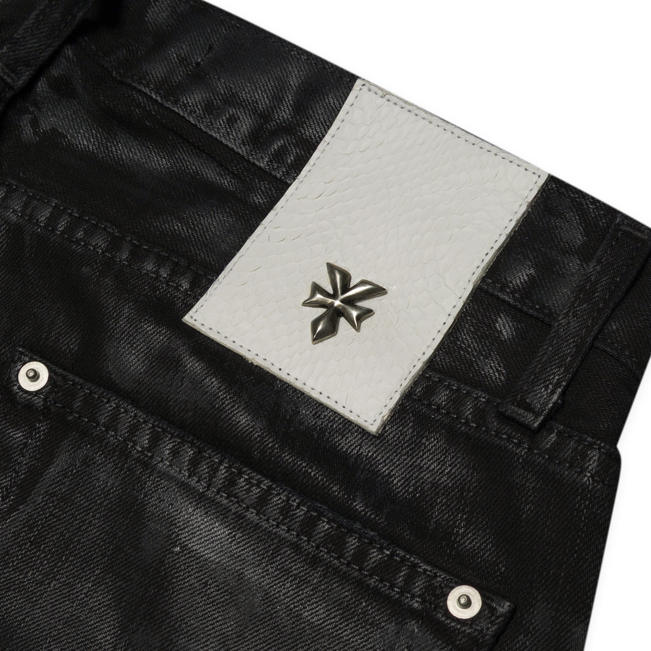 YOSSI CORP Black Morrison Enamel Wax Flare Denim
