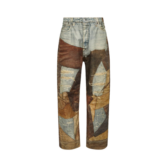 ACNE STUDIOS LEATHER AND PATCHWORK PRINT JEANS