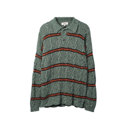 PHIPPS Cable Knit Striped Polo Sweater Brown 7942