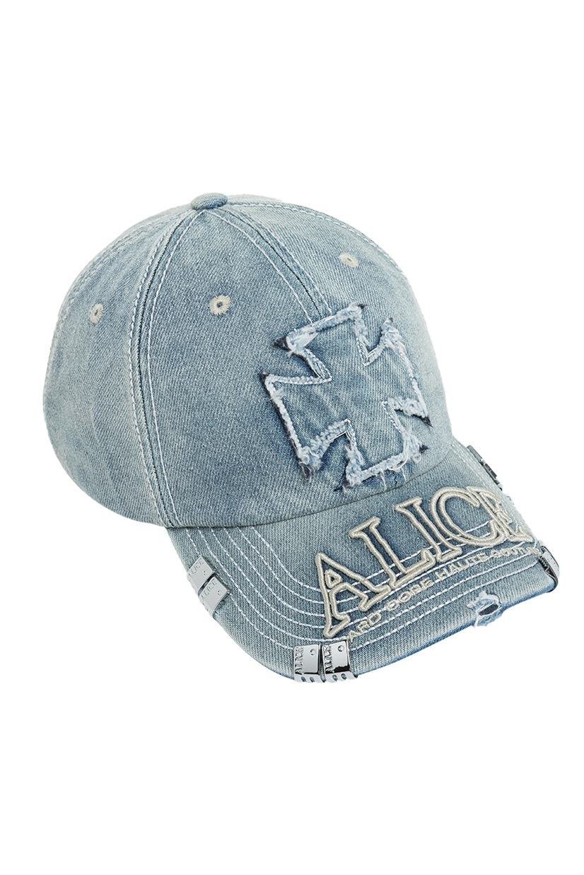 Light blue denim cap with 'ALICE' branding 