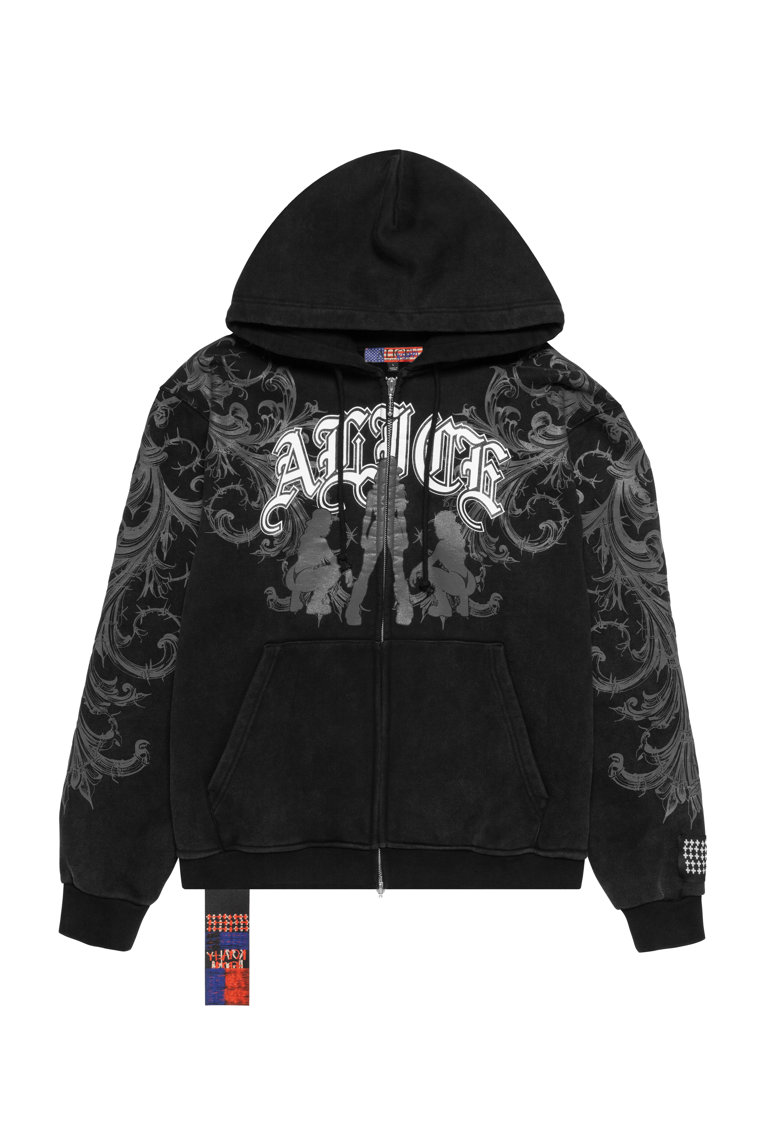 Black hoodie with intricate designs and visible branding 
