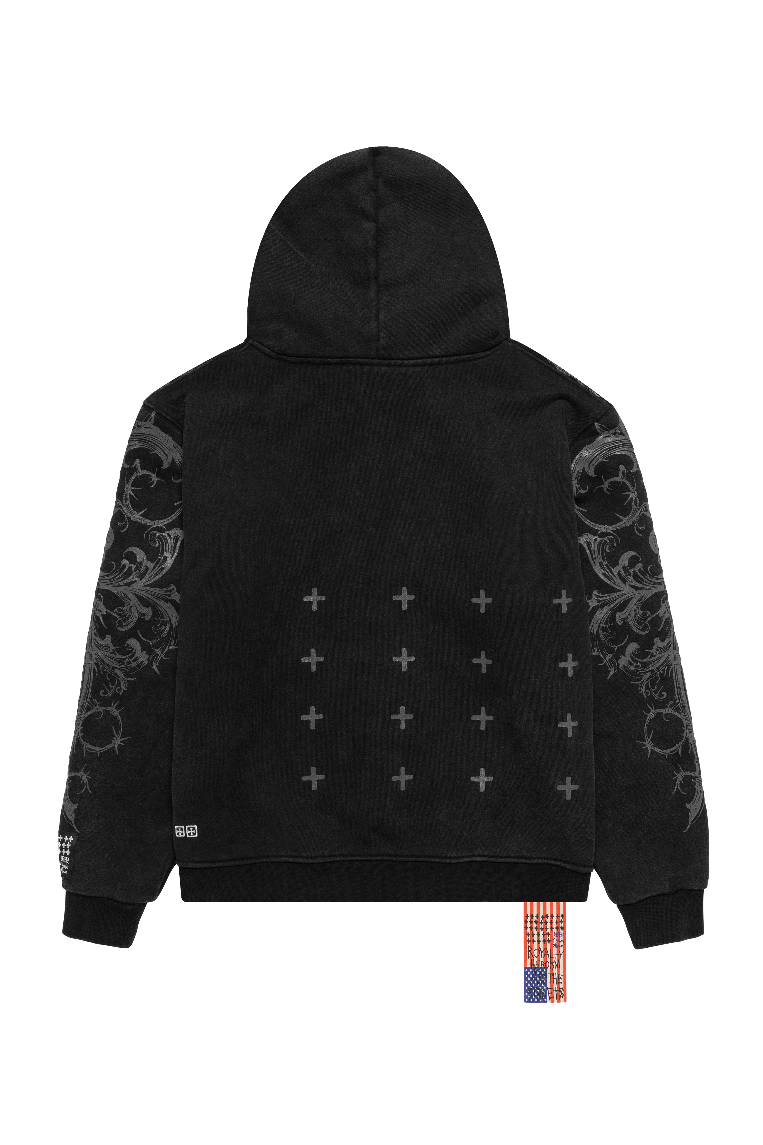 Black hoodie with intricate designs on sleeves and back