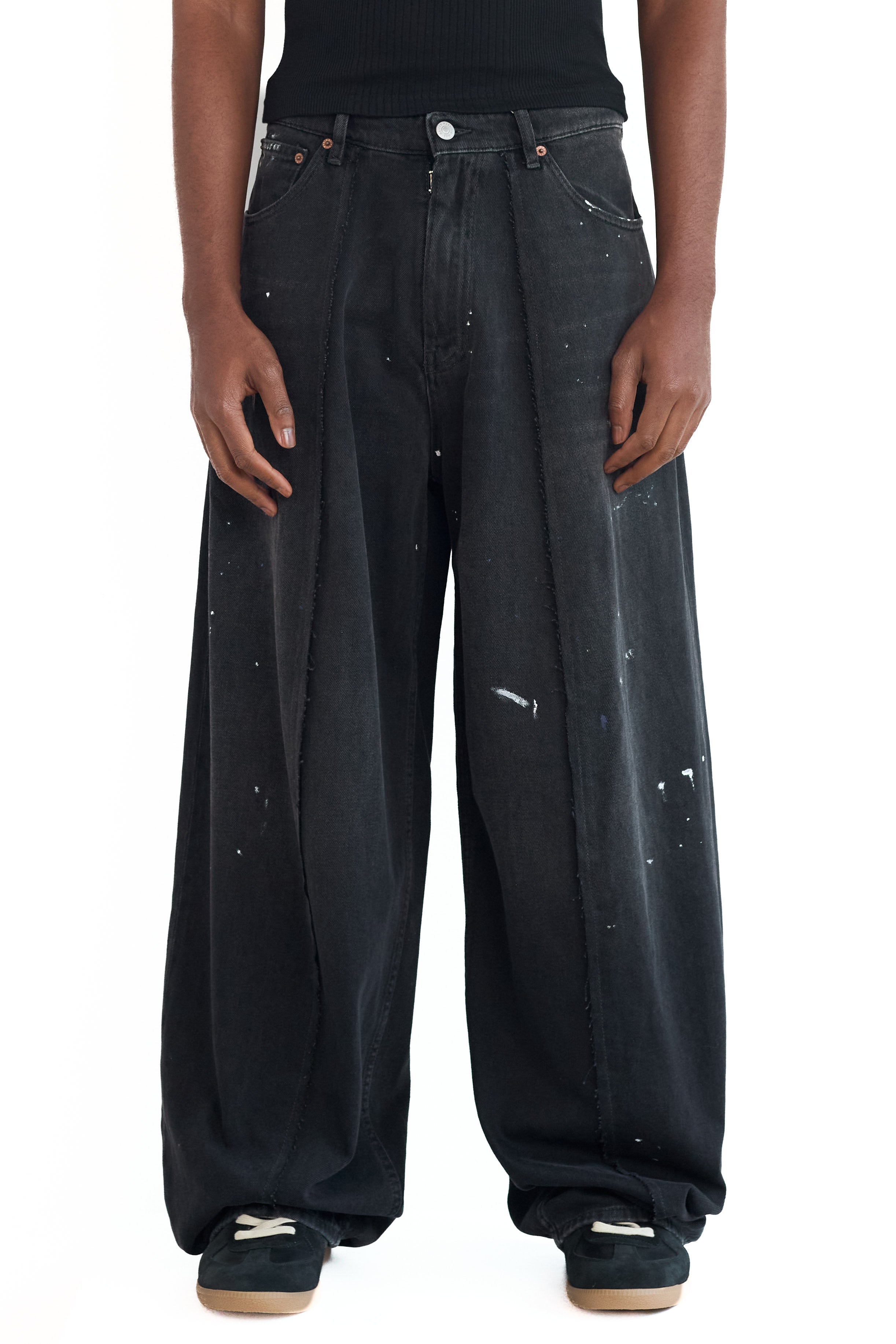 MM6 Black Denim Wide Leg Paint Mark Jeans Black