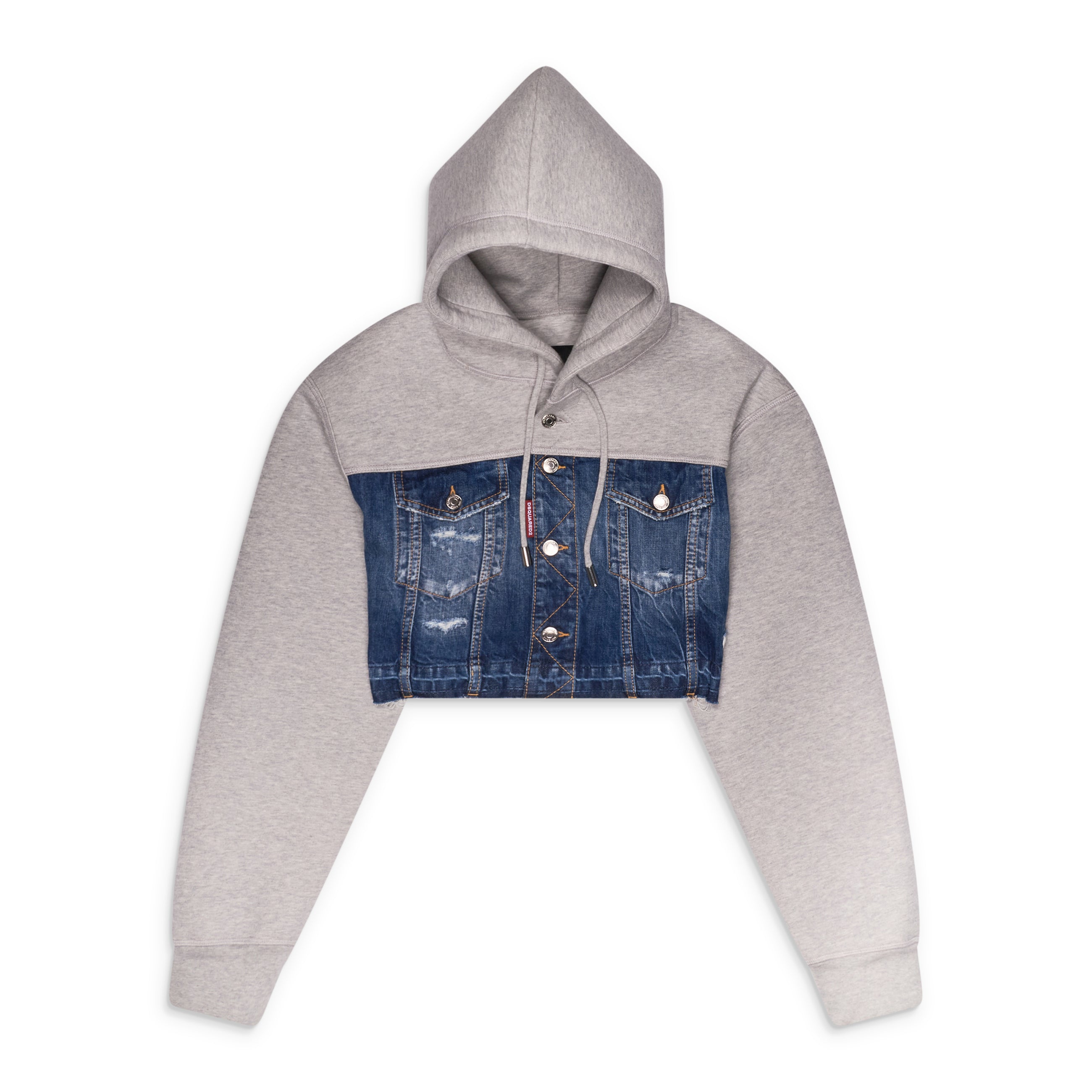 Dsquared2 Denim Mix Hybrid Cropped Hoodie Multicolor