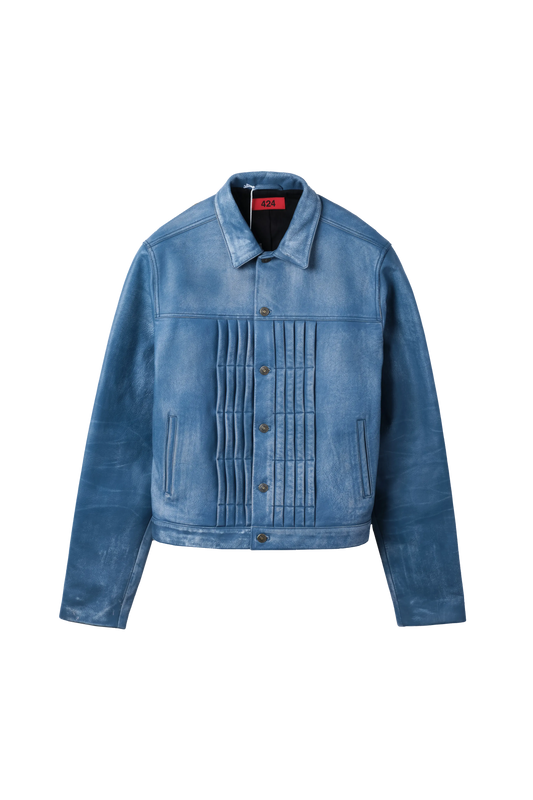 424 Leather Trucker Jacket Blue 8656