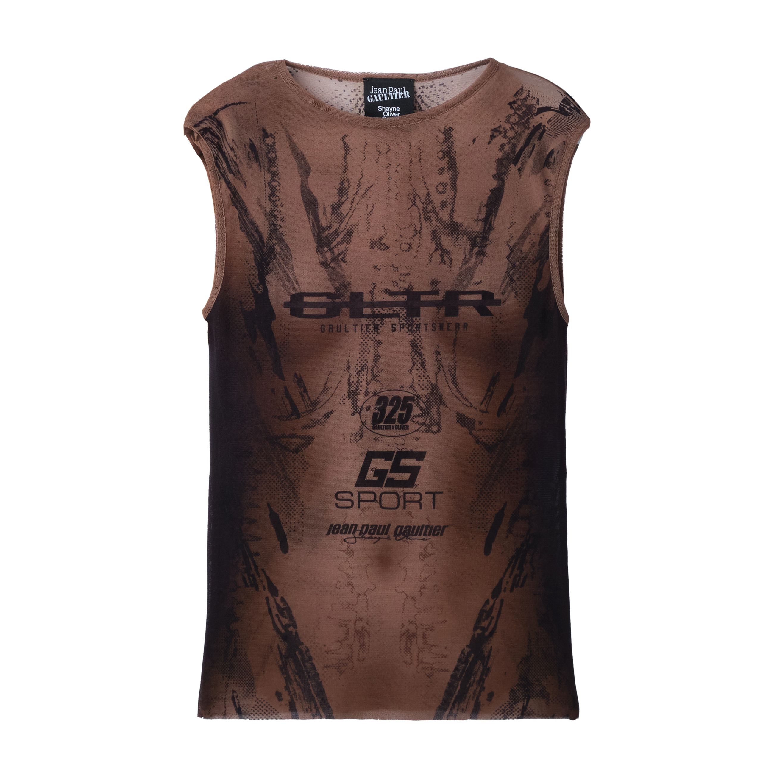 Jean Paul Gaultier x Shayne Oliver Mesh Tank Top Printed "Body" Tops Brown 9339