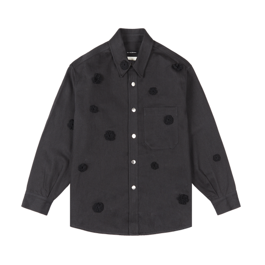 SONG FOR THE MUTE "DAISY" SHIRT JACKET TONAL EMBROIDERED FLOWERS BLACK