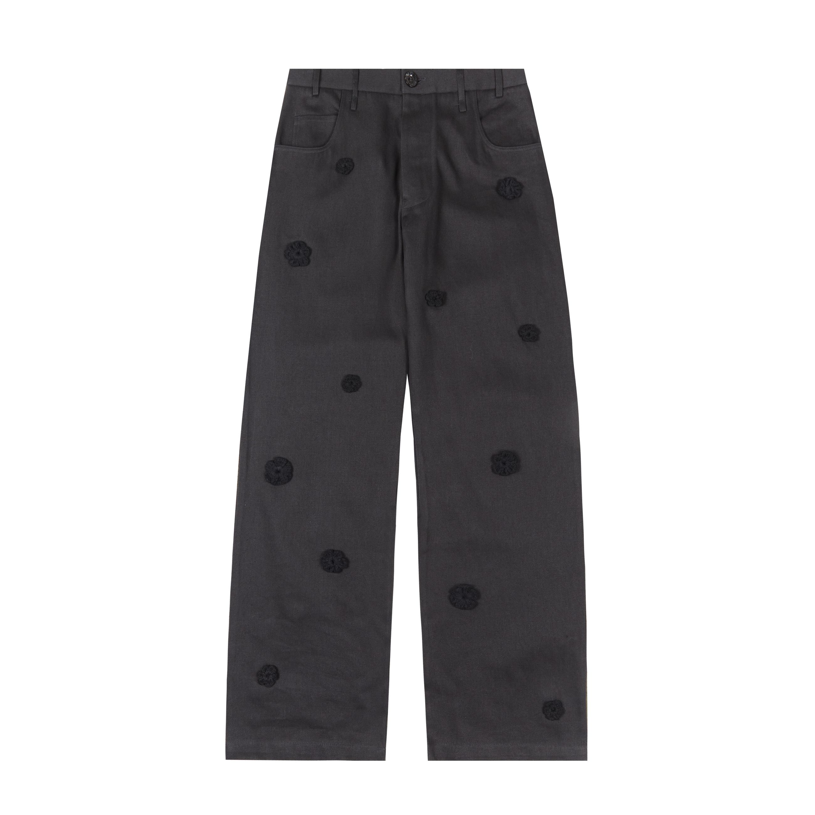 Song For The Mute "Daisy" Long Work Pant With Embroidered Flowers Jeans Black 6090