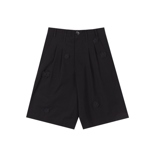 SONG FOR THE MUTE SINGLE PLEATED SHORTS WITH EMBROIDERED FLOWERS Shorts Black