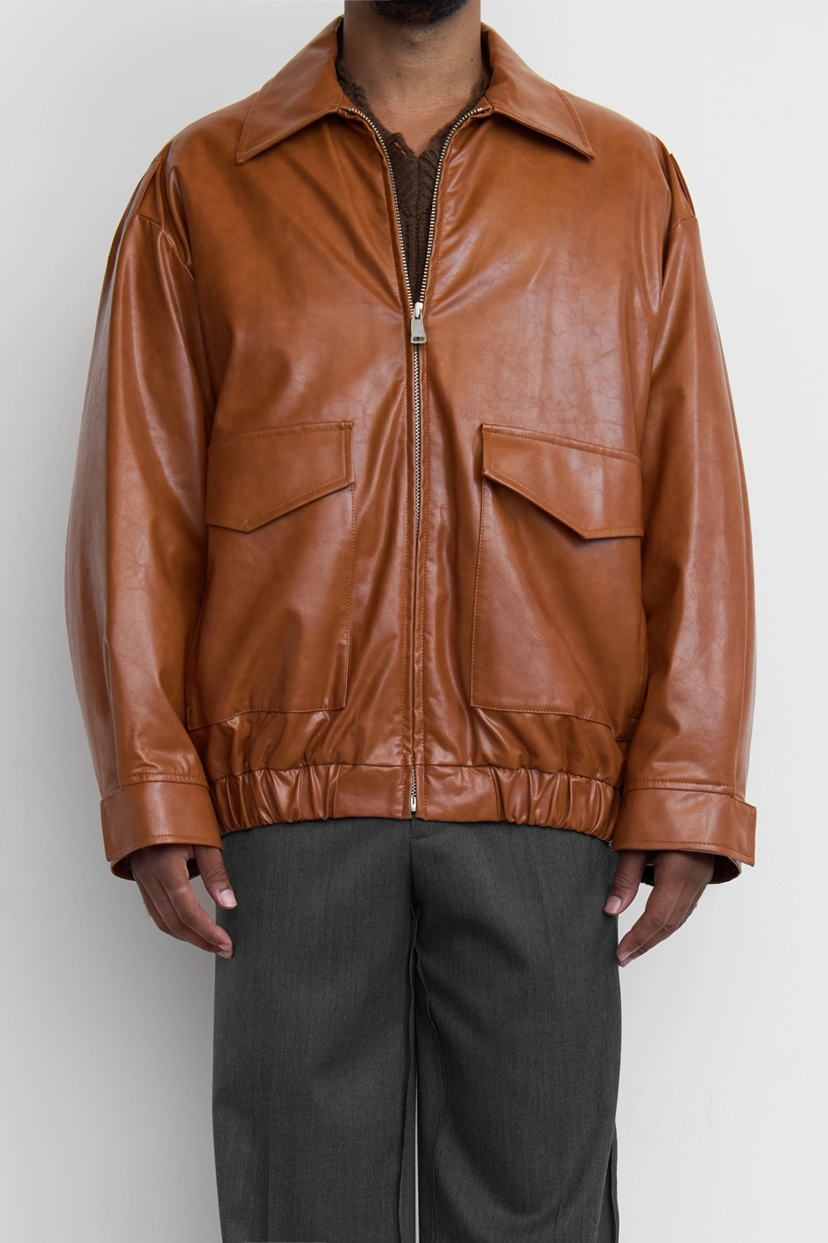 MM6 Faux Leather Aviator Bomber Jacket Caramel