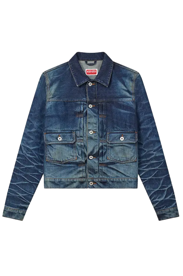 Kenzo Slim Pleated Trucker Jacket Stone Bl Dirty Blue Denim