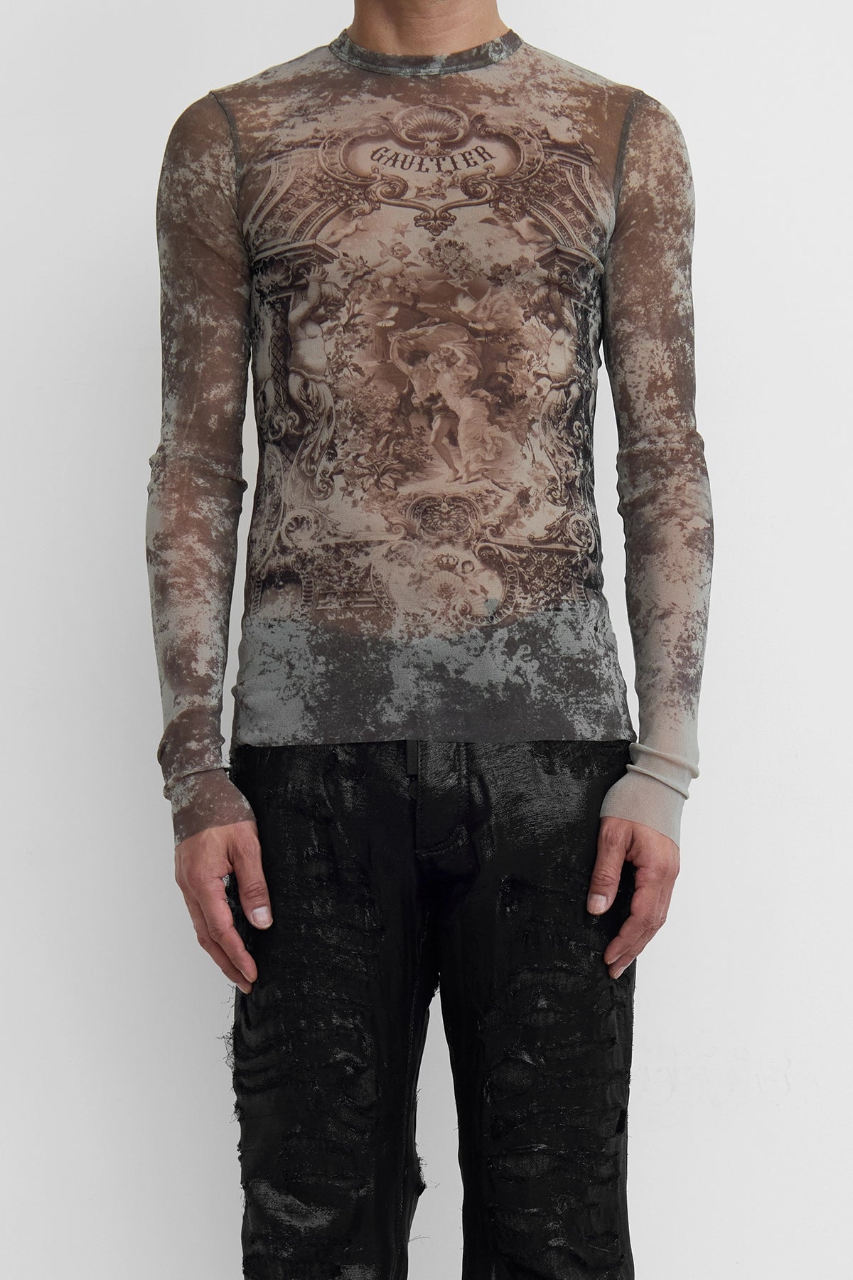 Jean Paul Gaultier Mesh 'The Médaillon' Long Sleeve Top Beige/Taupe