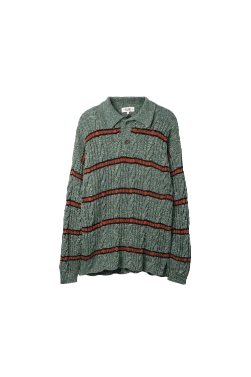 PHIPPS Cable Knit Striped Polo Sweater Brown