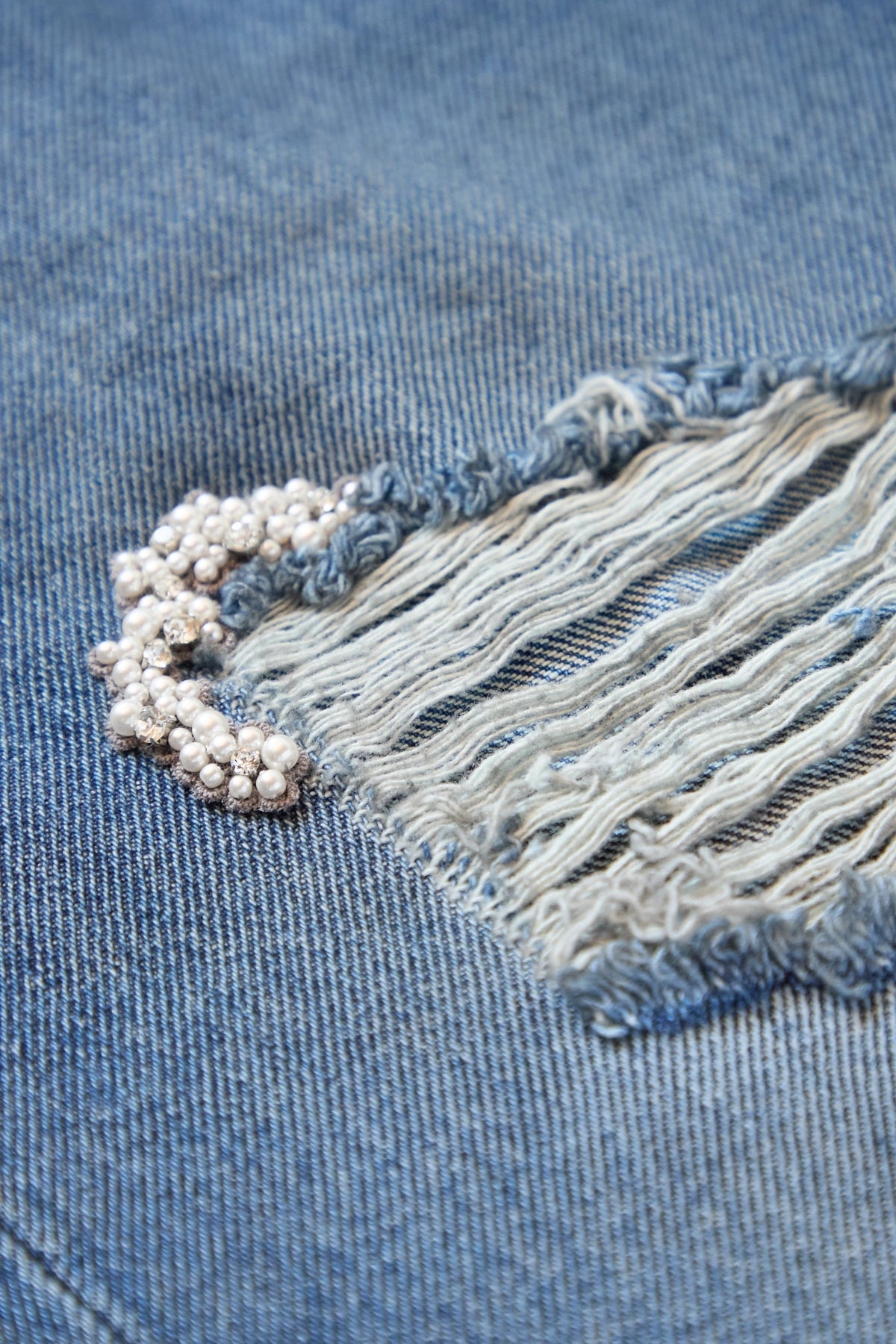 Simone Rocha Distressed Straight Leg Jeans W/ Emb Blue