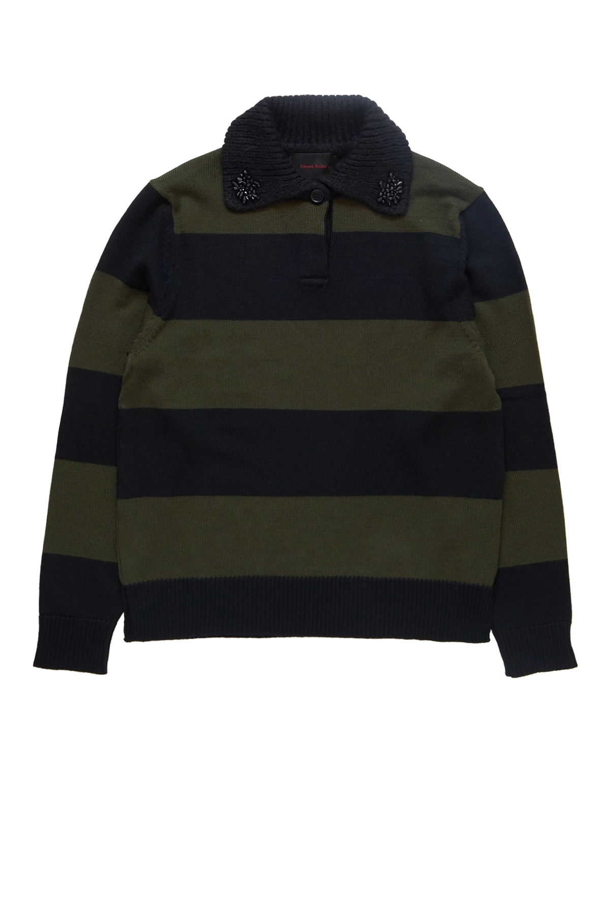 Simone Rocha Fuzzy Collar Striped Rugby Knit Jumper W/ Emb Khaki