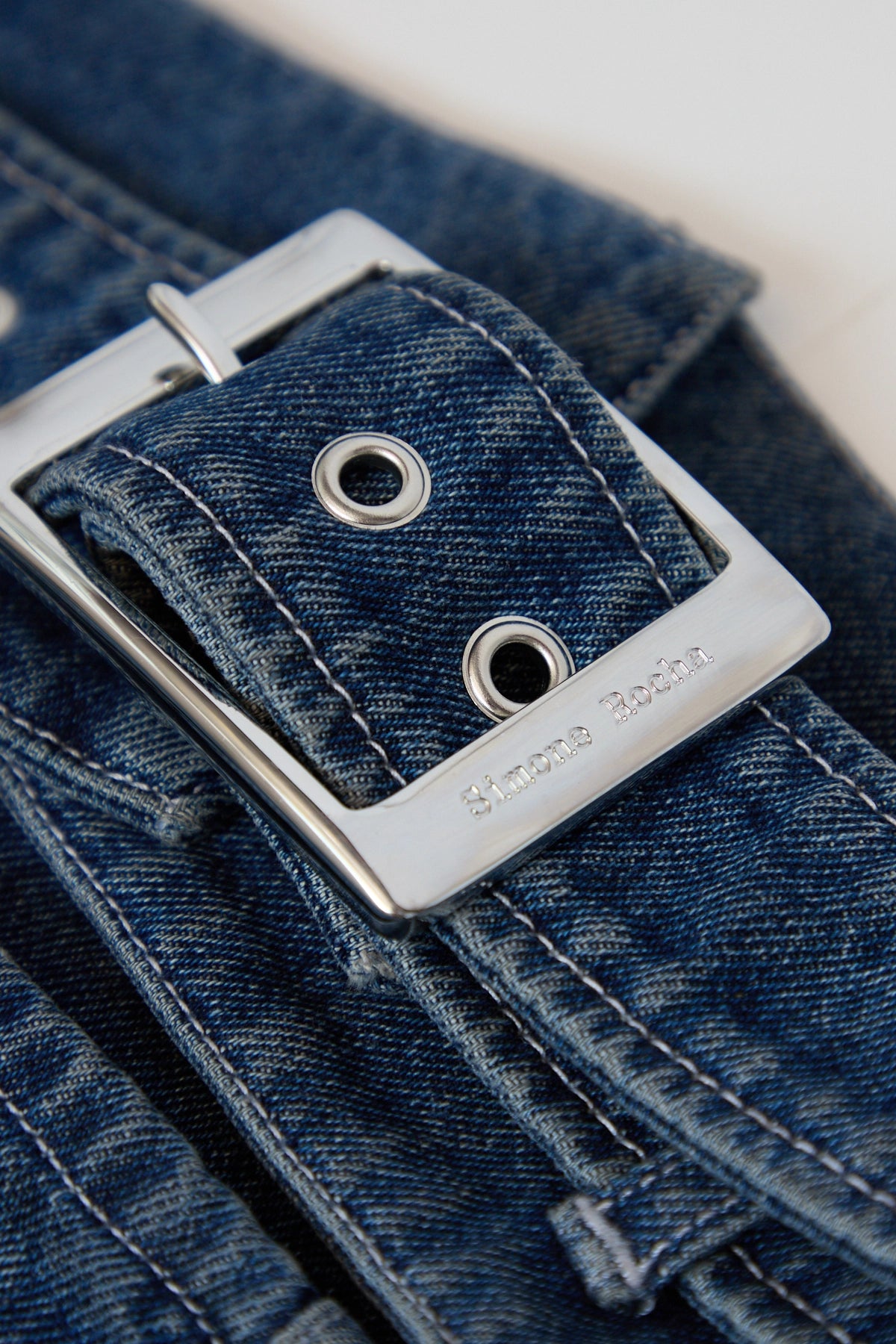 Simone Rocha Multi Belt Waist Tail Denim Trucker Jacket W/ Emb Blue