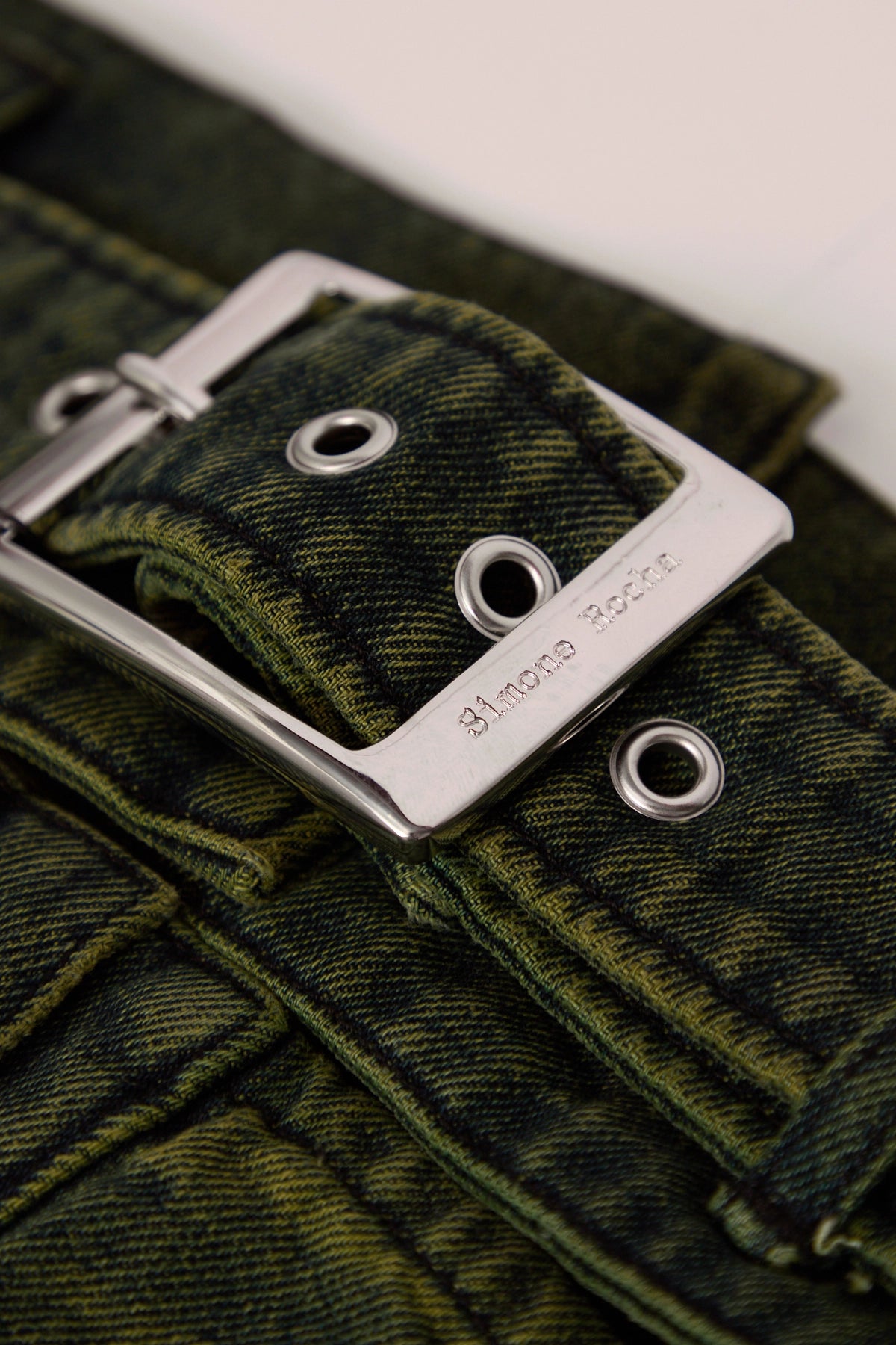 Simone Rocha Multi Belt Waist Tail Denim Trucker Jacket W/ Emb Green