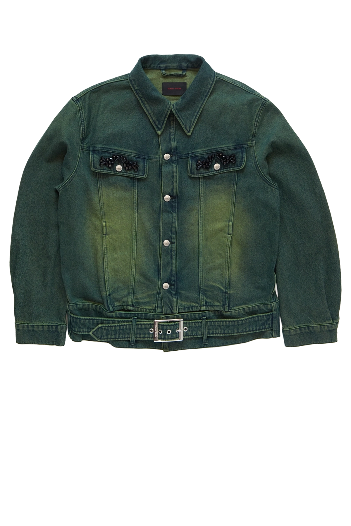 Simone Rocha Multi Belt Waist Tail Denim Trucker Jacket W/ Emb Green