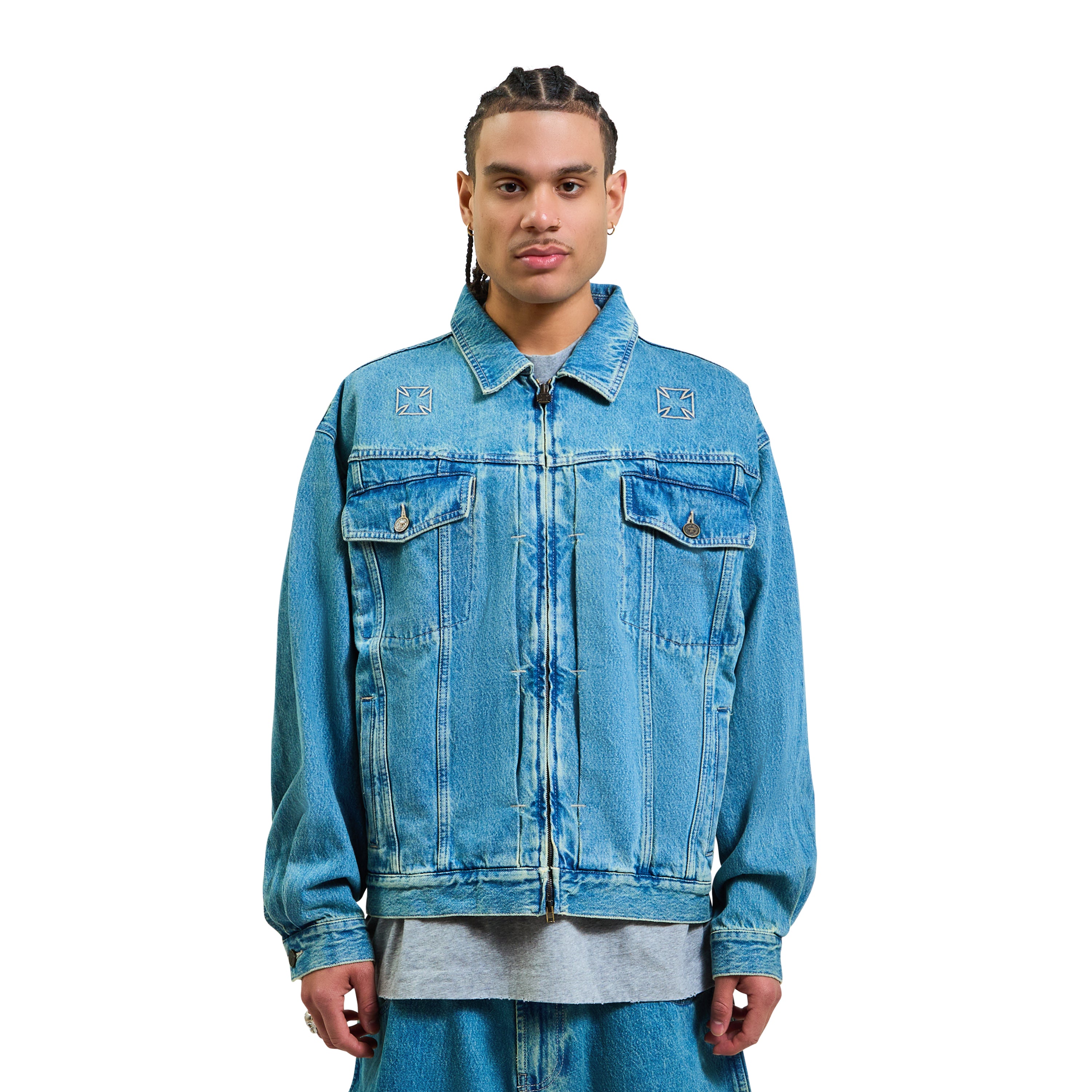 vetements ジャケット Vetements Biker Crosses Zip Denim Jacket Blue – ESSXNYC