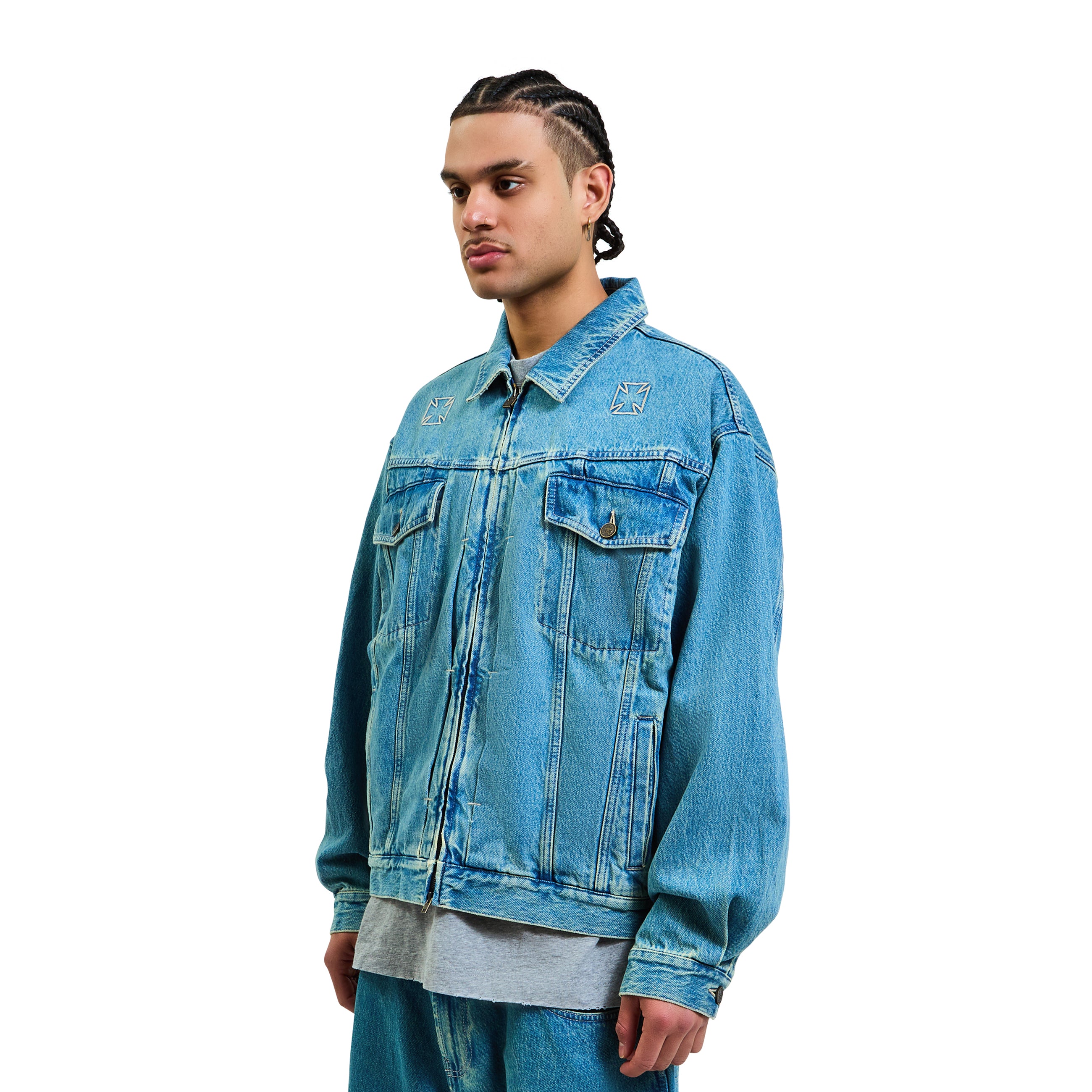Vetements Biker Crosses Zip Denim Jacket Blue