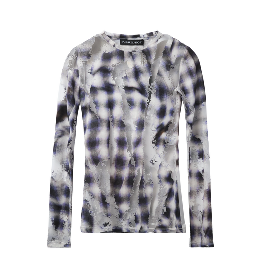 Y/PROJECT CHECK LONG SLEEVE TOP WITH DEVORE EFFECT BLUE