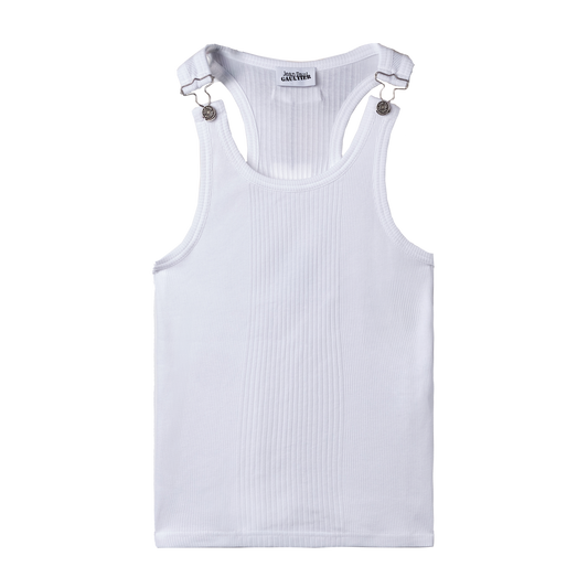 JEAN PAUL GAULTIER RIBBED TANK TOP WITH OVERALL BUCKLES WHITE