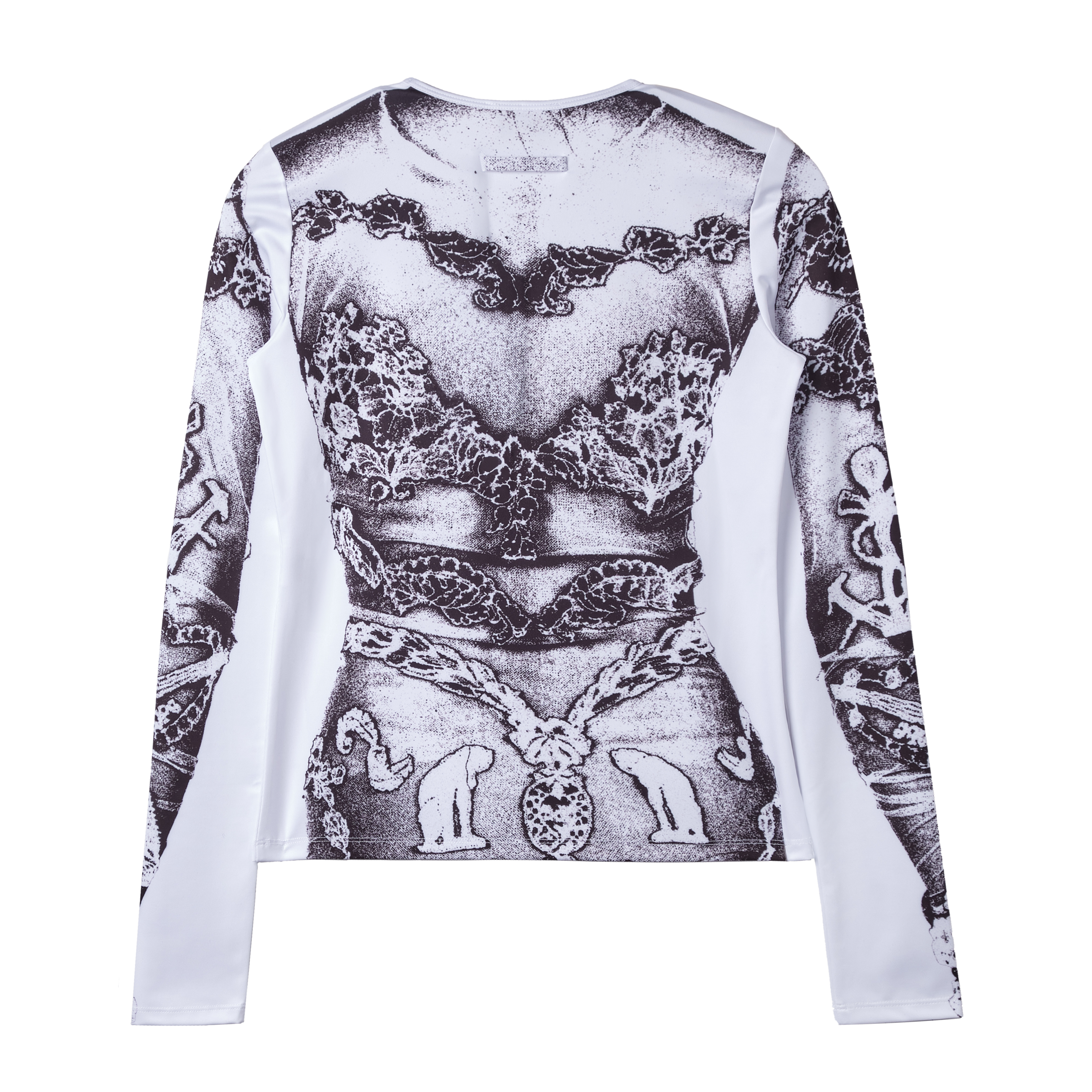 Jean Paul Gaultier Jersey Long Sleeves Top Printed "Dentelle Trompe L'Oeil" White 7769