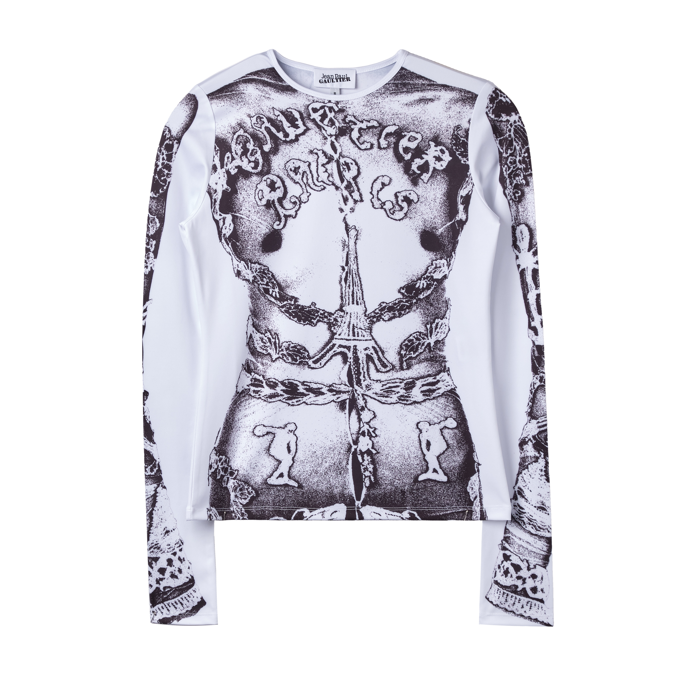 Jean Paul Gaultier Jersey Long Sleeves Top Printed "Dentelle Trompe L'Oeil" White 7768