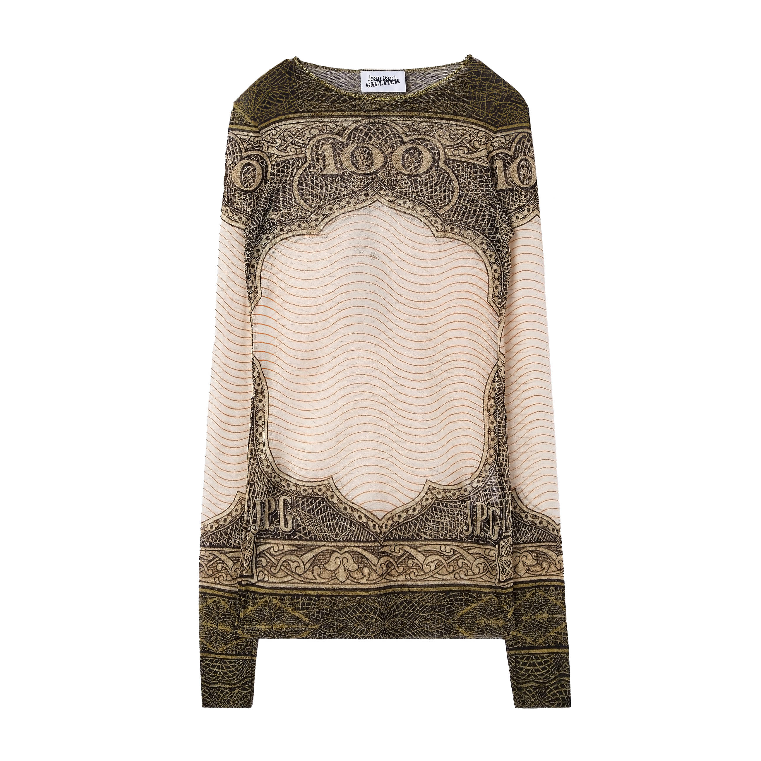 Jean Paul Gaultier Crew Neck Long Sleeves Mesh Top Printed "Cartouche" Green 7758