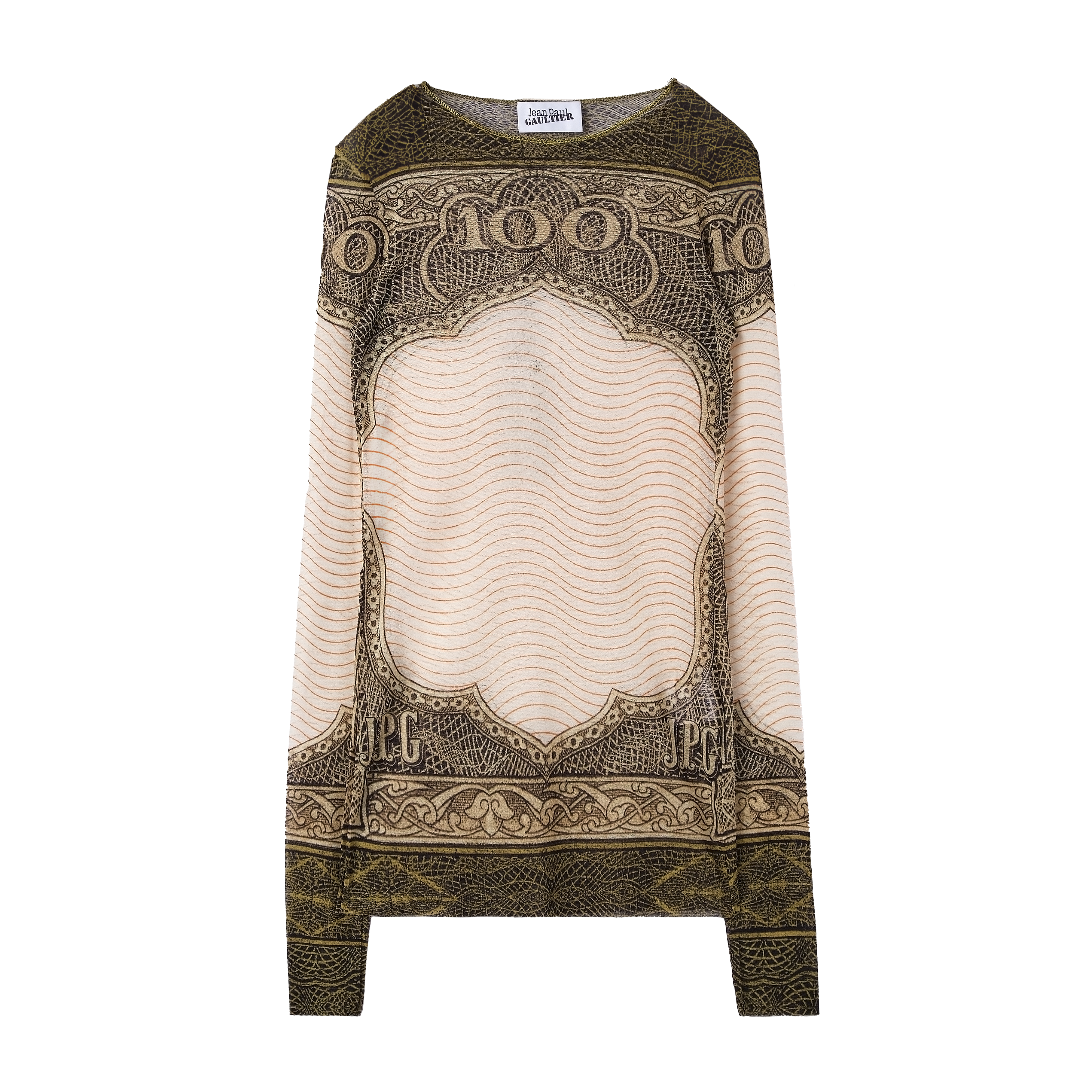 Jean Paul Gaultier Crew Neck Long Sleeves Mesh Top Printed "Cartouche" Green 7758