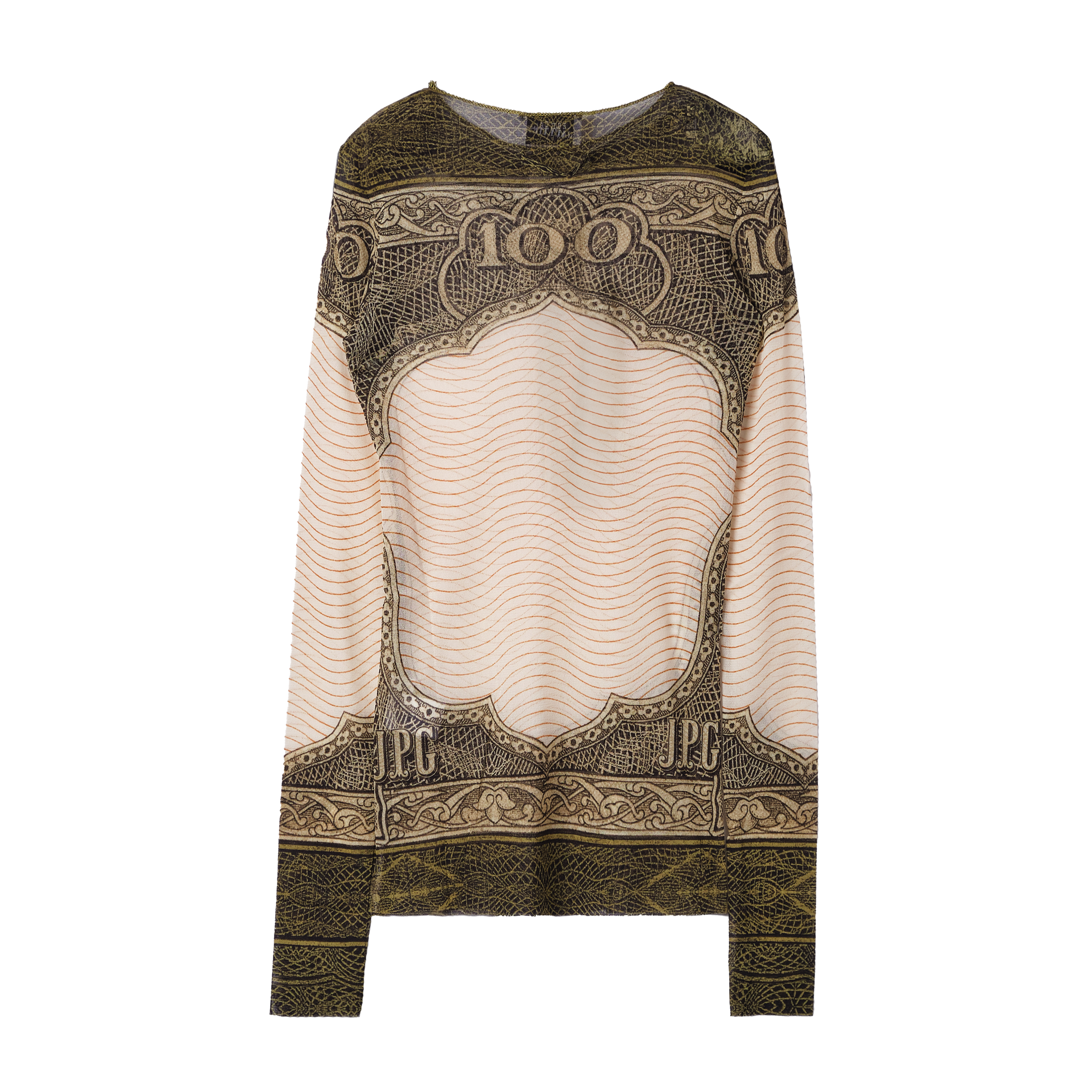 Jean Paul Gaultier Crew Neck Long Sleeves Mesh Top Printed "Cartouche" Green 7759